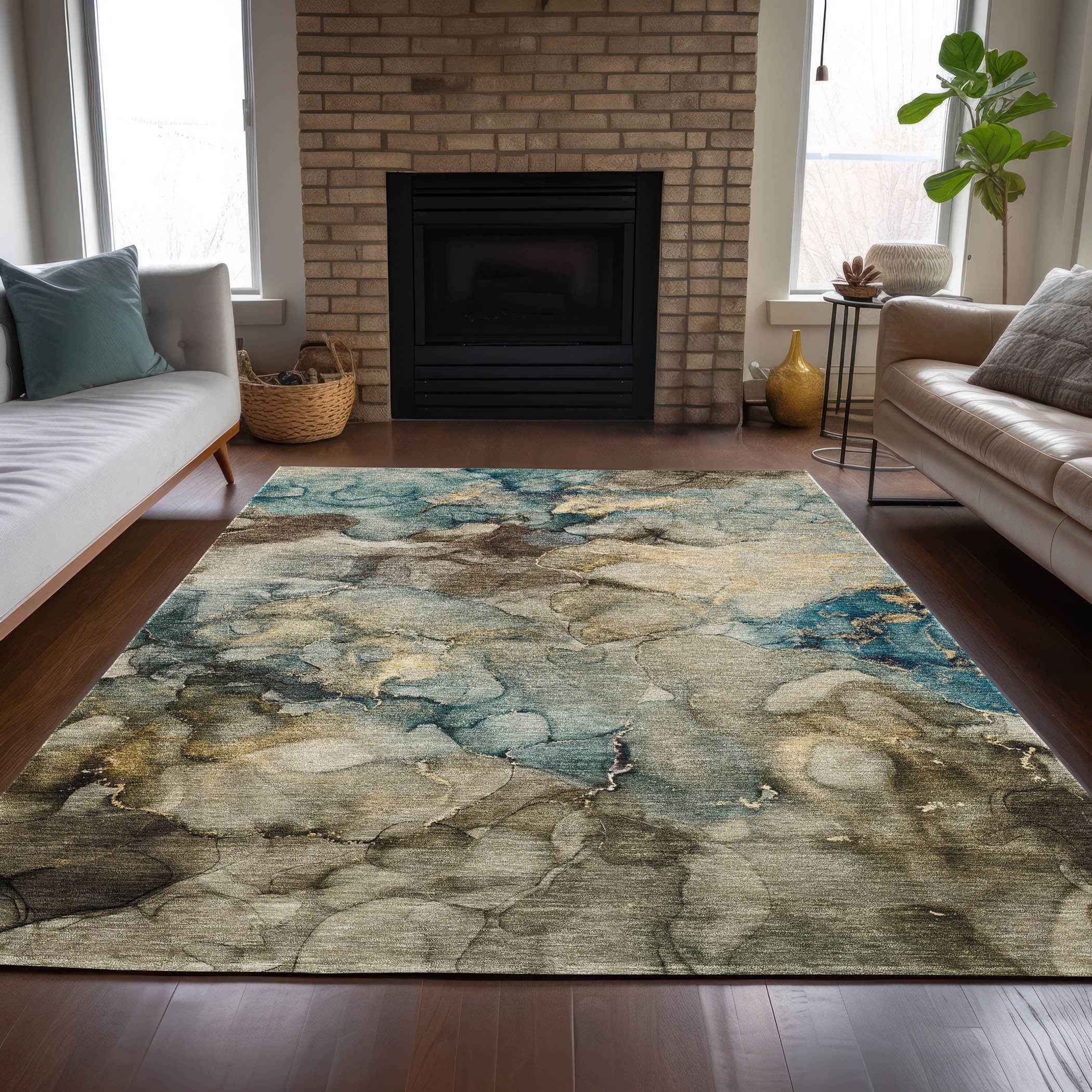 5' X 8' Brown And Teal Blue Abstract Washable Indoor Outdoor Area Rug