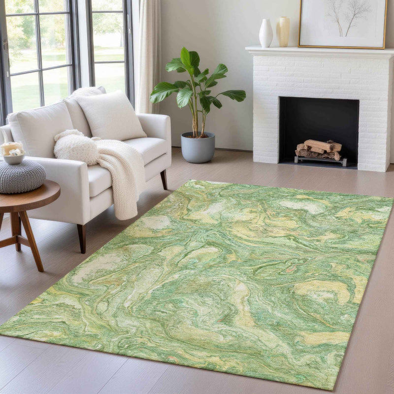 9' X 12' Green And Gold Abstract Washable Indoor Outdoor Area Rug
