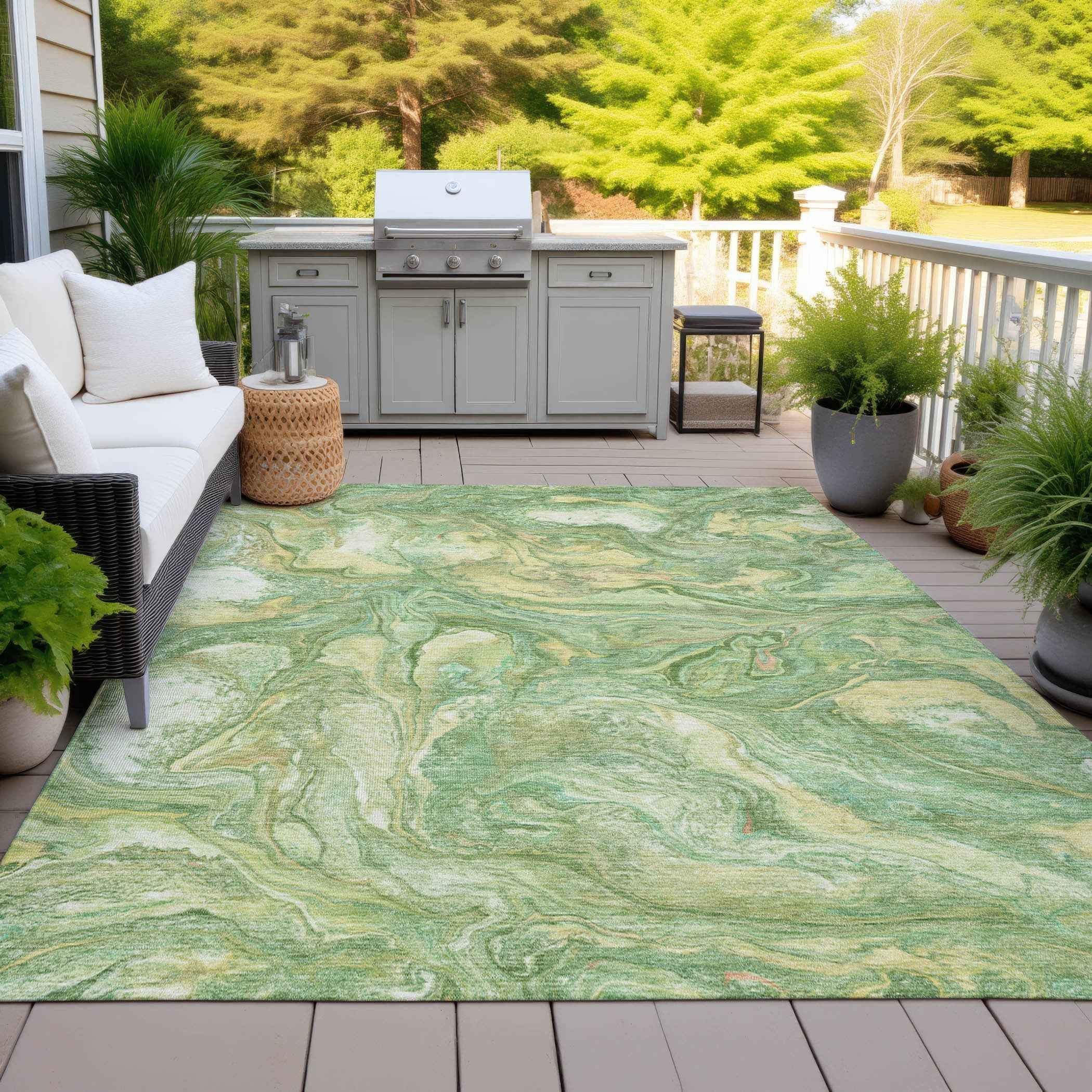 9' X 12' Green And Gold Abstract Washable Indoor Outdoor Area Rug