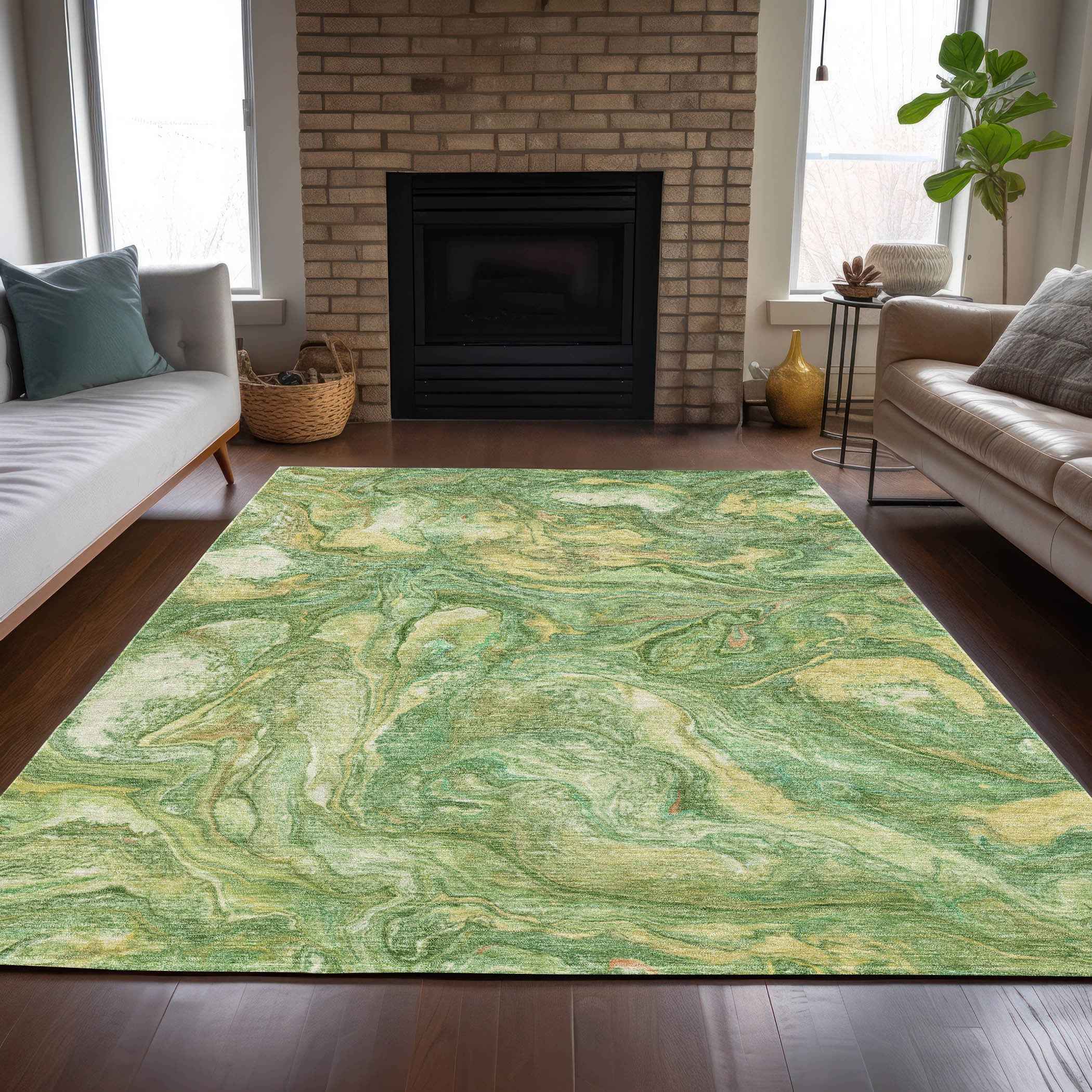 9' X 12' Green And Gold Abstract Washable Indoor Outdoor Area Rug
