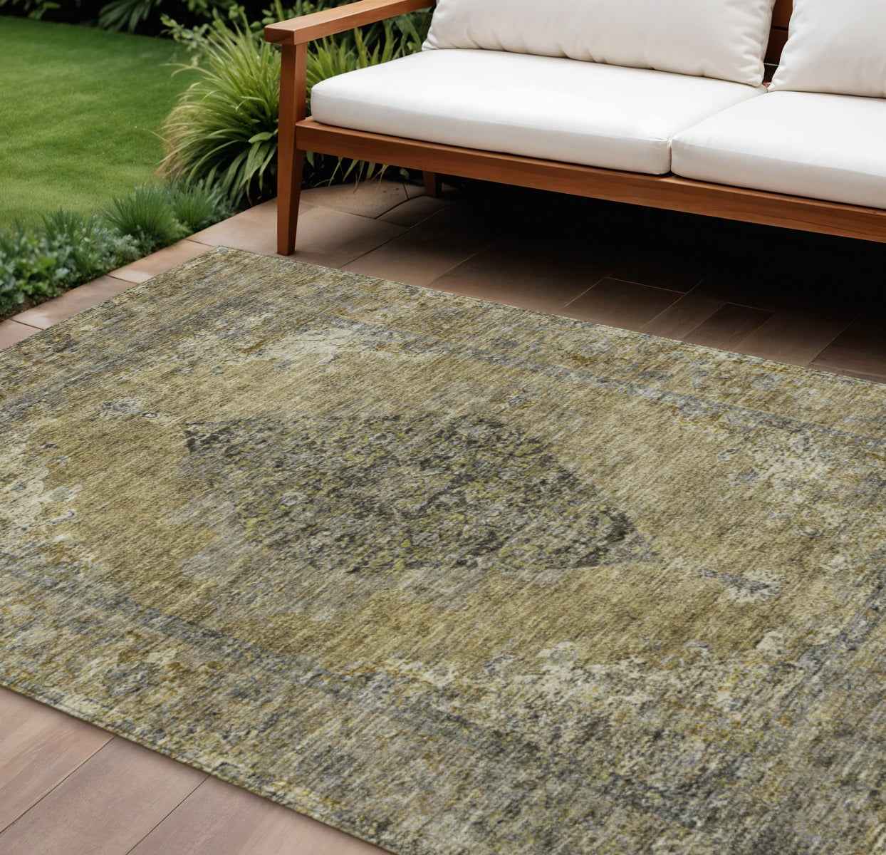 8' X 10' Khaki And Beige Medallion Washable Indoor Outdoor Area Rug