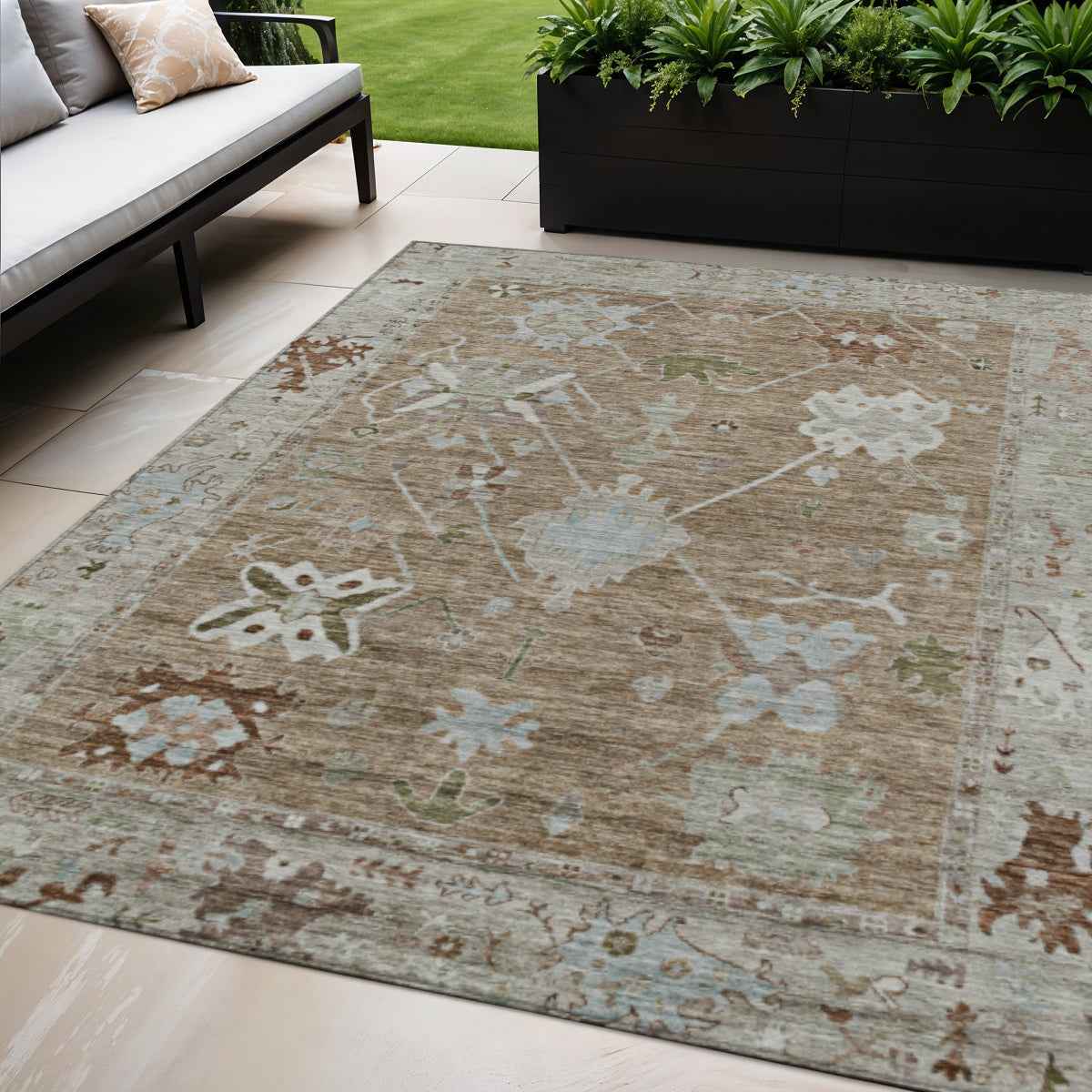 5' X 8' Brown And Gray Tribal Washable Indoor Outdoor Area Rug