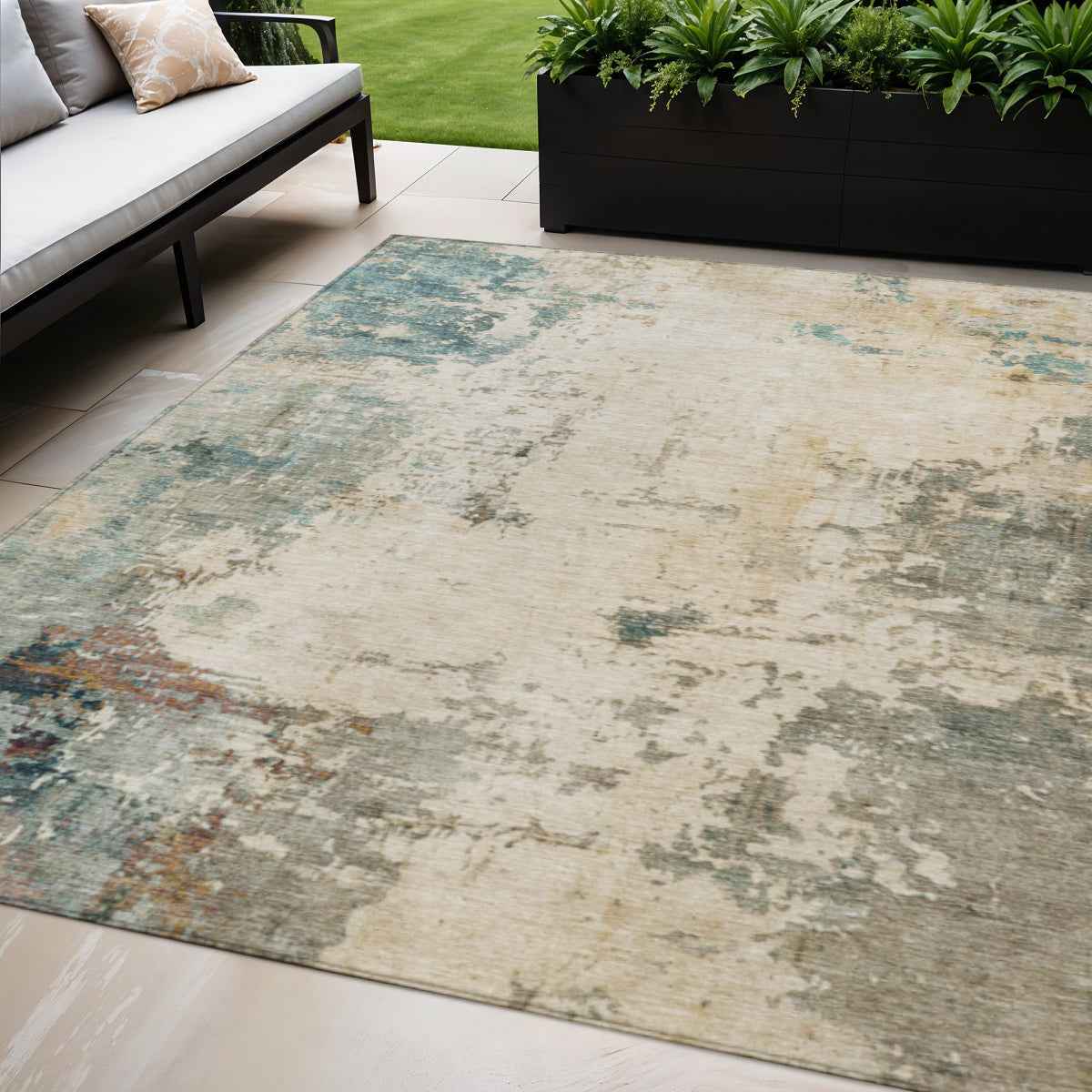 5' X 8' Ivory And Taupe Abstract Washable Indoor Outdoor Area Rug