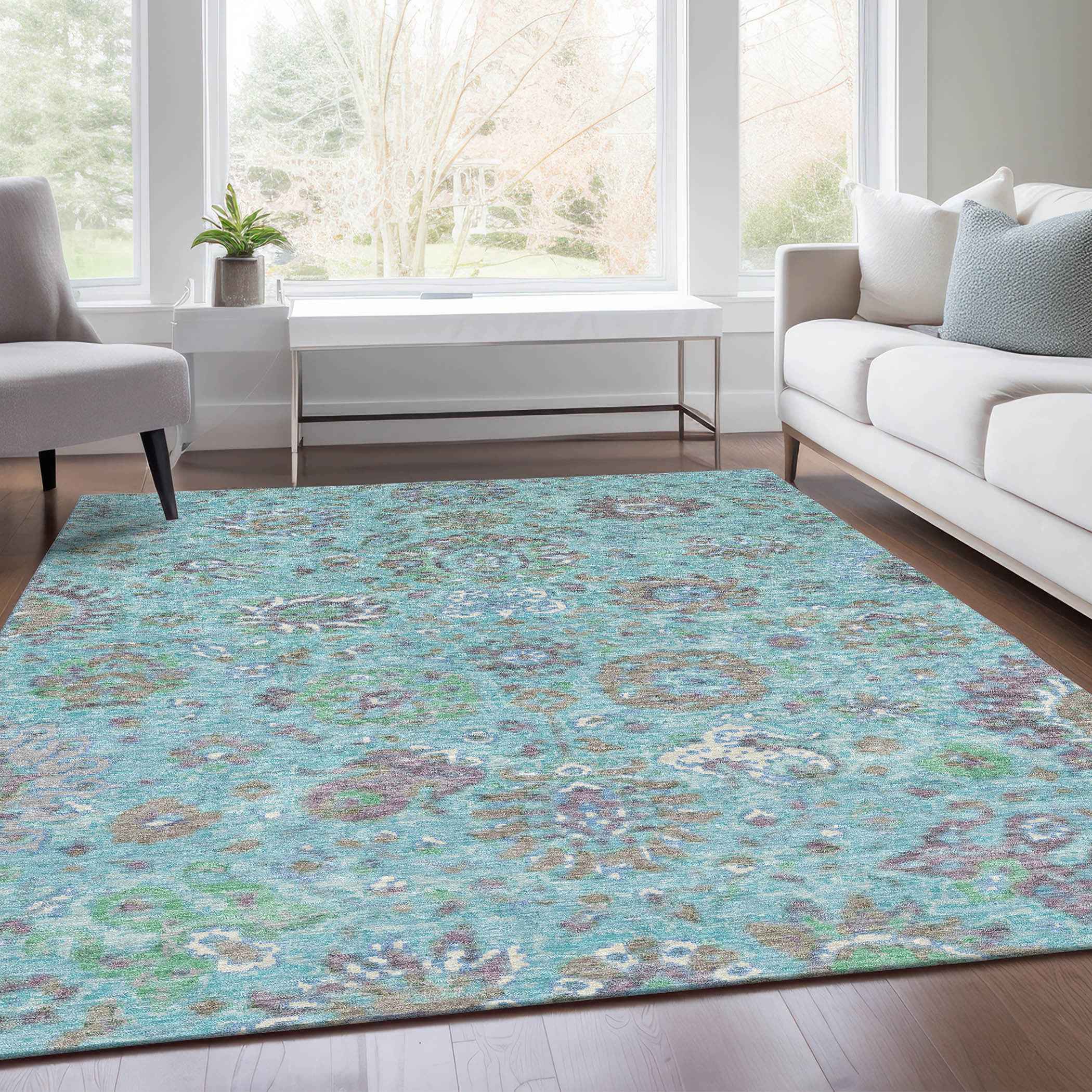 9' X 12' Teal Blue Taupe And Ivory Floral Washable Indoor Outdoor Area Rug
