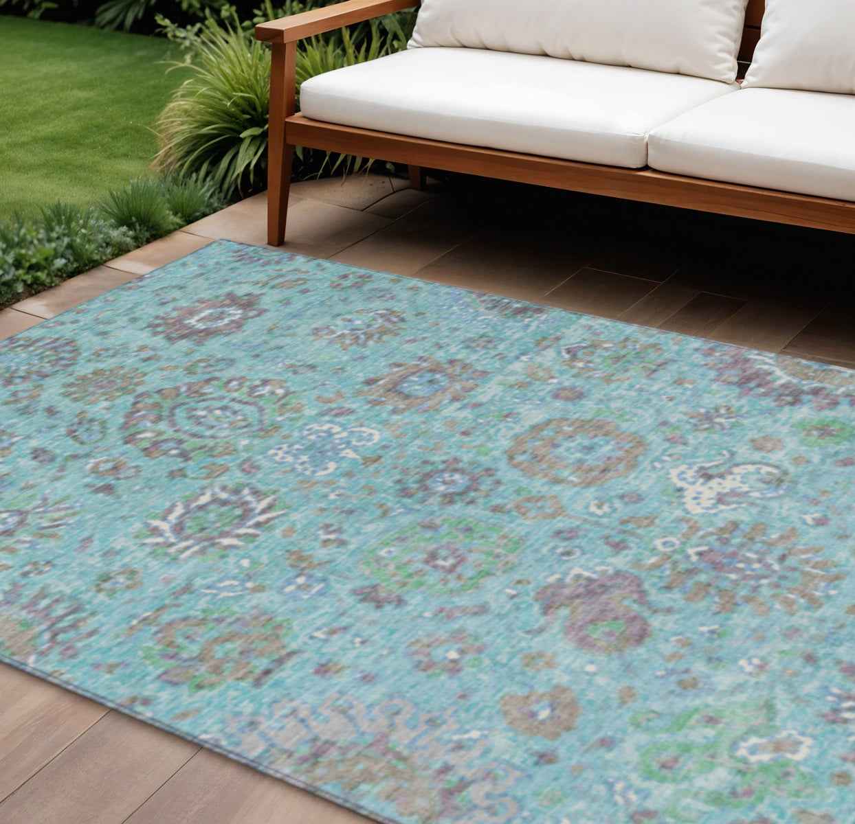 9' X 12' Teal Blue Taupe And Ivory Floral Washable Indoor Outdoor Area Rug