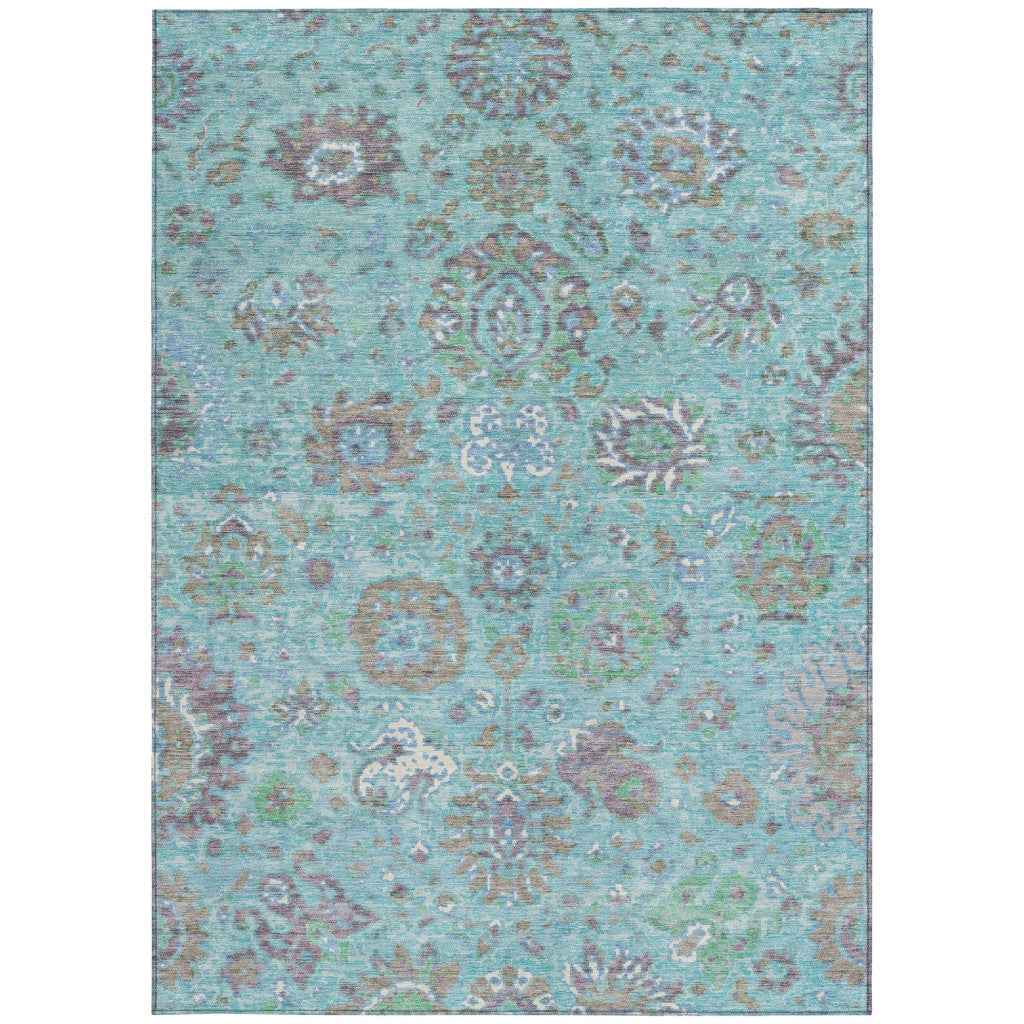 9' X 12' Teal Blue Taupe And Ivory Floral Washable Indoor Outdoor Area Rug