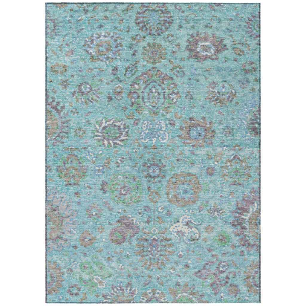 9' X 12' Teal Blue Taupe And Ivory Floral Washable Indoor Outdoor Area Rug