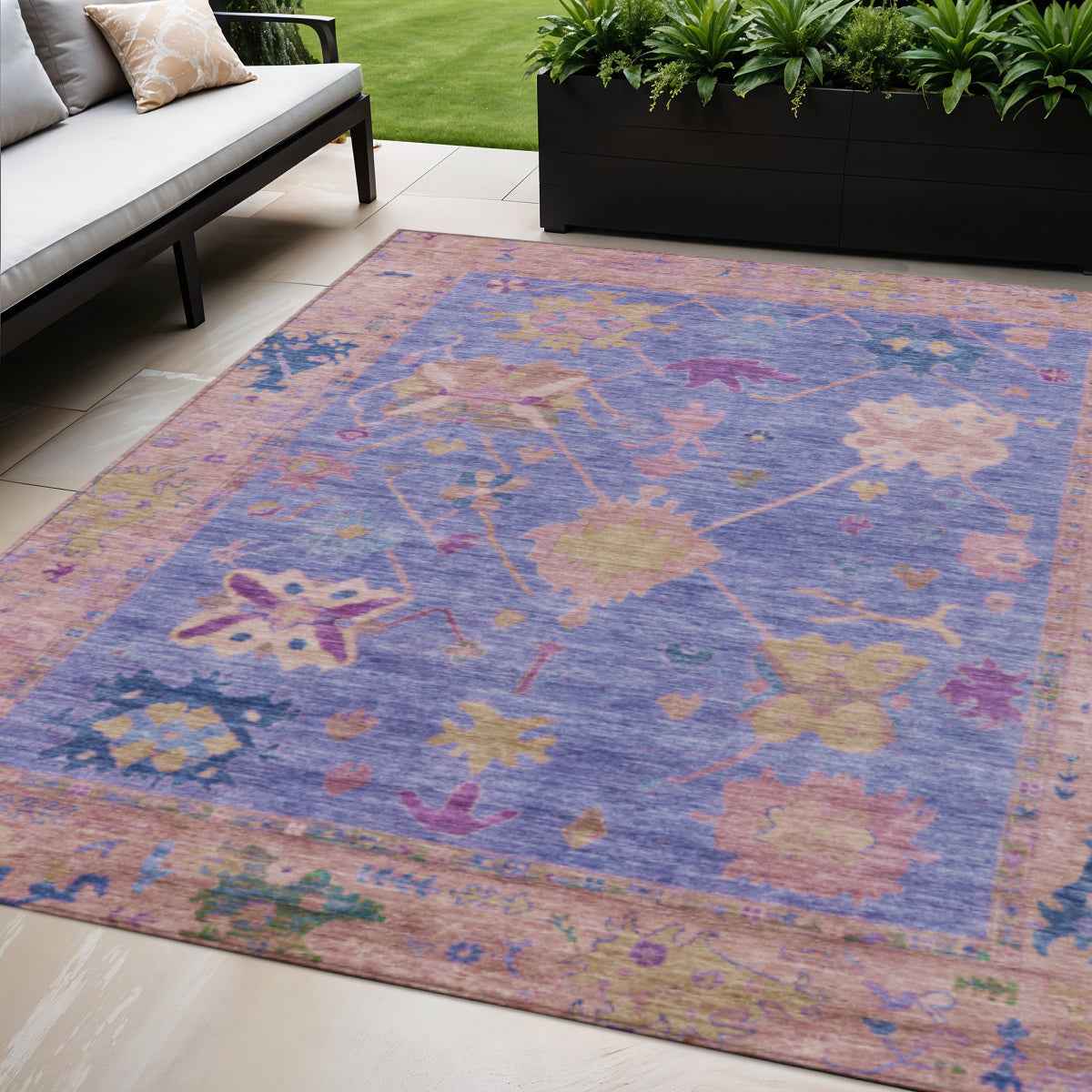 5' X 8' Purple And Blue Tribal Washable Indoor Outdoor Area Rug