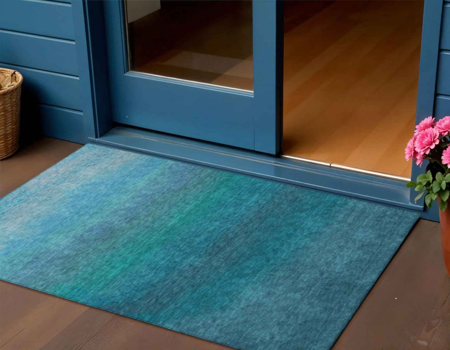 3' X 5' Teal Blue And Sky Blue Ombre Washable Indoor Outdoor Area Rug