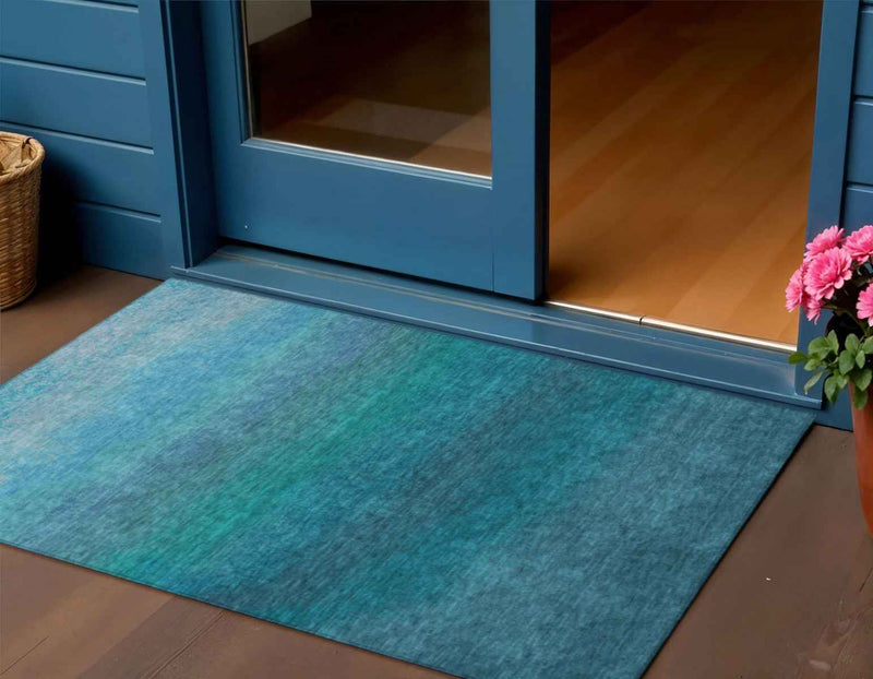 3' X 5' Teal Blue And Sky Blue Ombre Washable Indoor Outdoor Area Rug