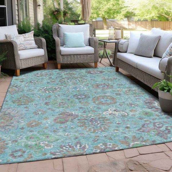 8' X 10' Teal Blue Taupe And Ivory Floral Washable Indoor Outdoor Area Rug Default Title