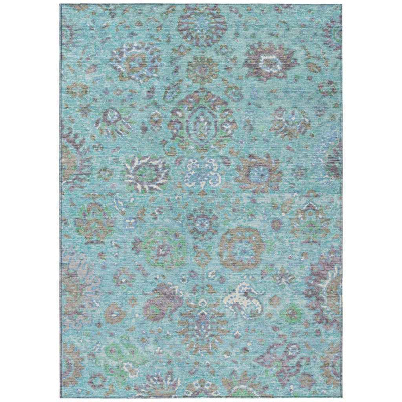 8' X 10' Teal Blue Taupe And Ivory Floral Washable Indoor Outdoor Area Rug