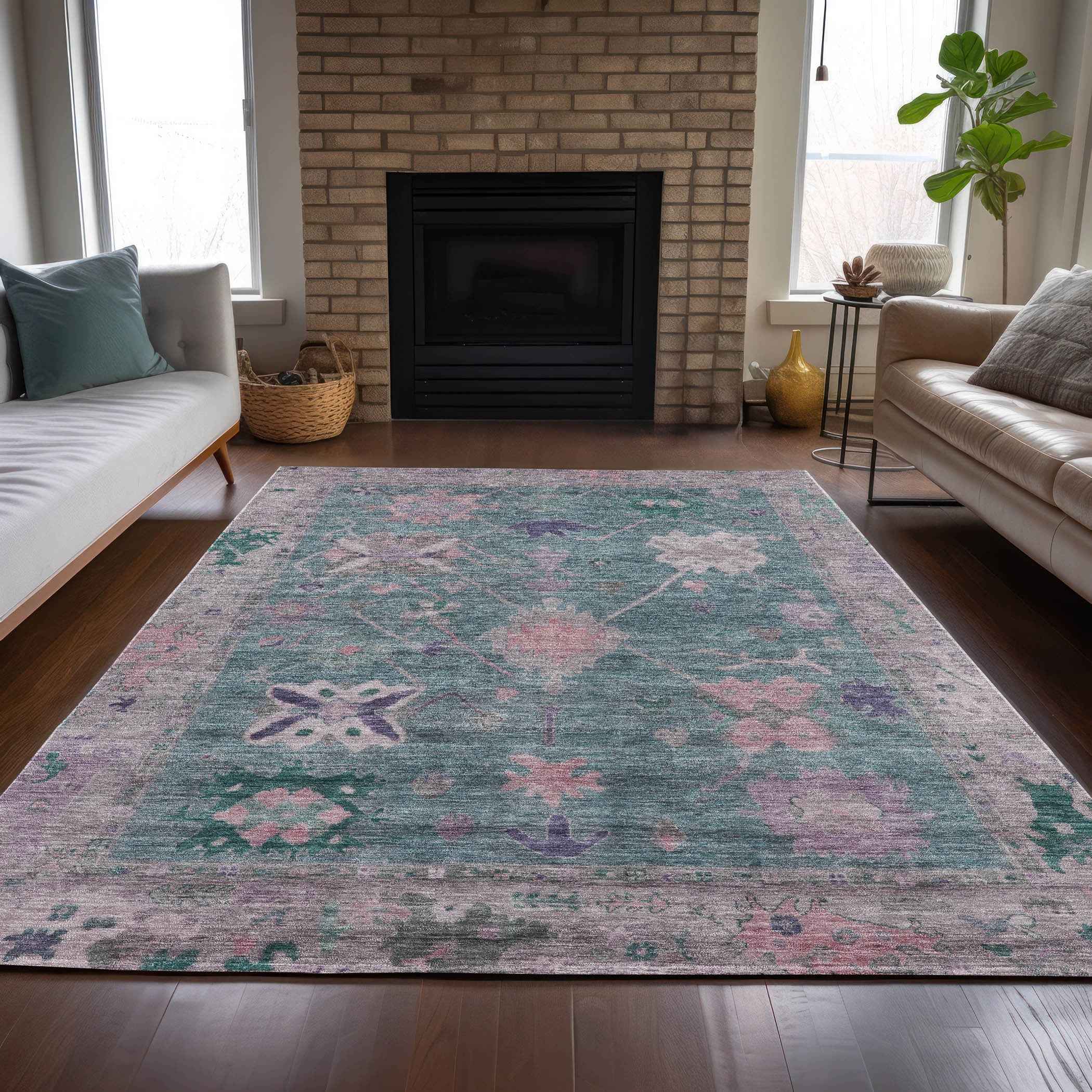 3' X 5' Green And Purple Tribal Washable Indoor Outdoor Area Rug