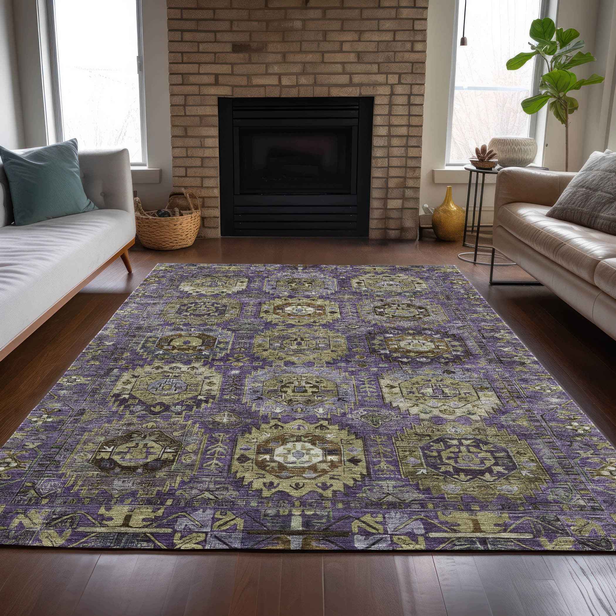 9' X 12' Eggplant Lavender And Olive Green Medallion Washable Indoor Outdoor Area Rug