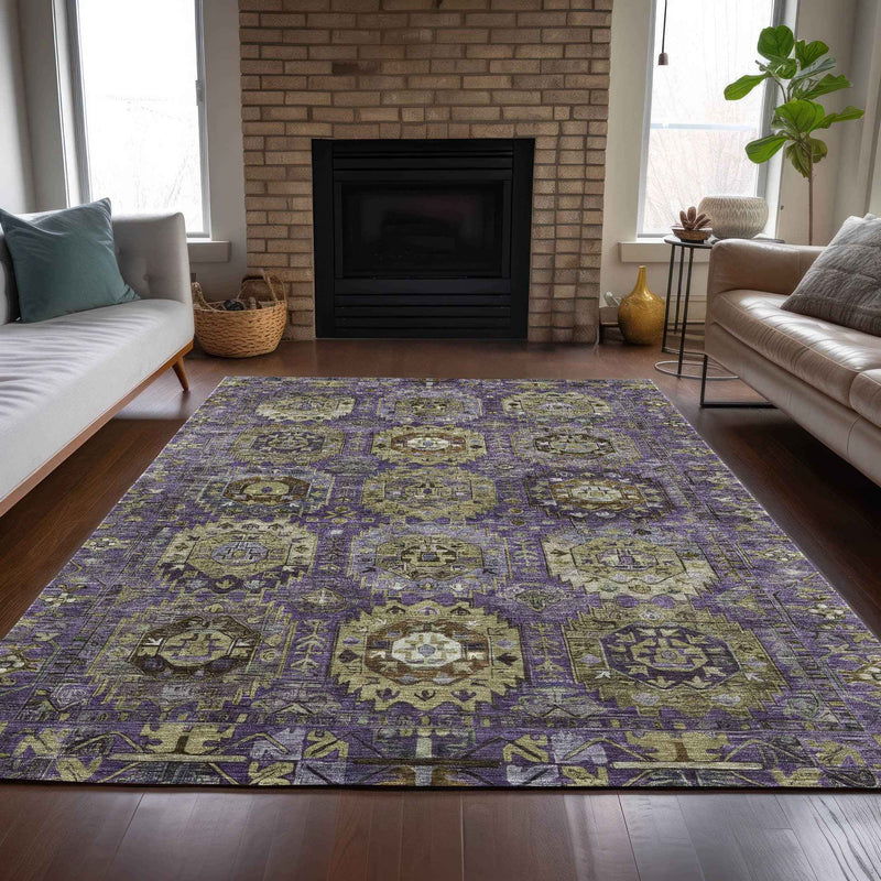 9' X 12' Eggplant Lavender And Olive Green Medallion Washable Indoor Outdoor Area Rug