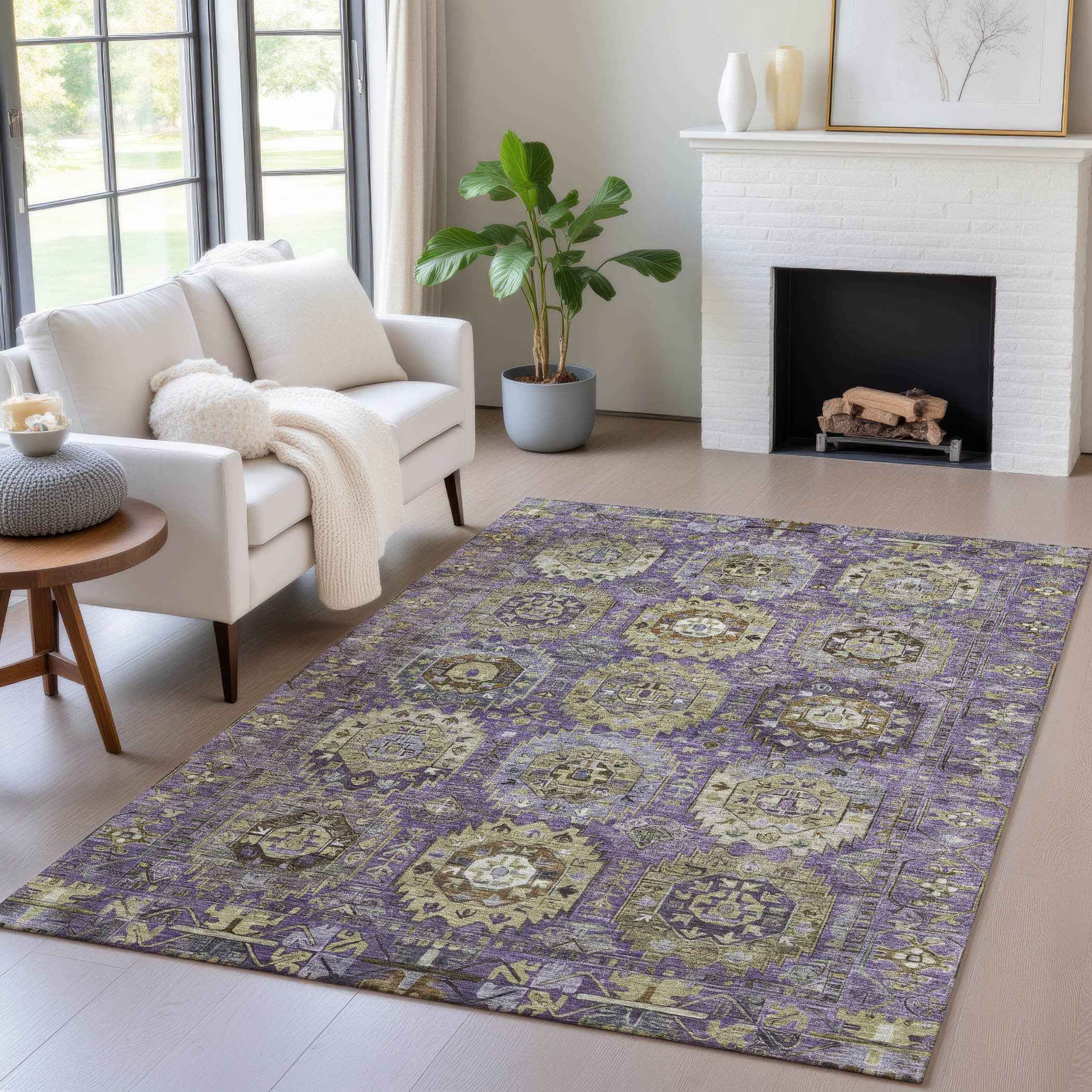 9' X 12' Eggplant Lavender And Olive Green Medallion Washable Indoor Outdoor Area Rug