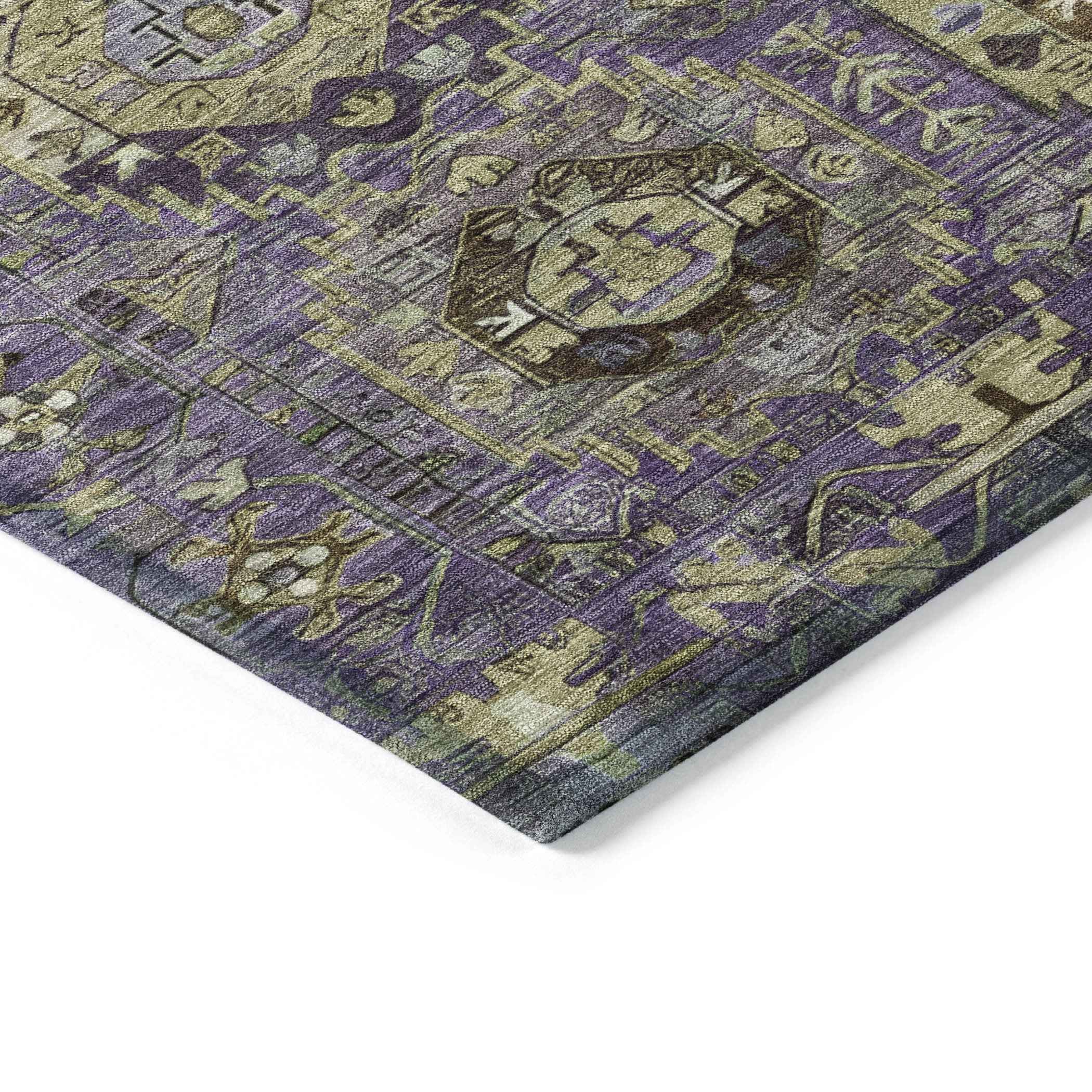 9' X 12' Eggplant Lavender And Olive Green Medallion Washable Indoor Outdoor Area Rug