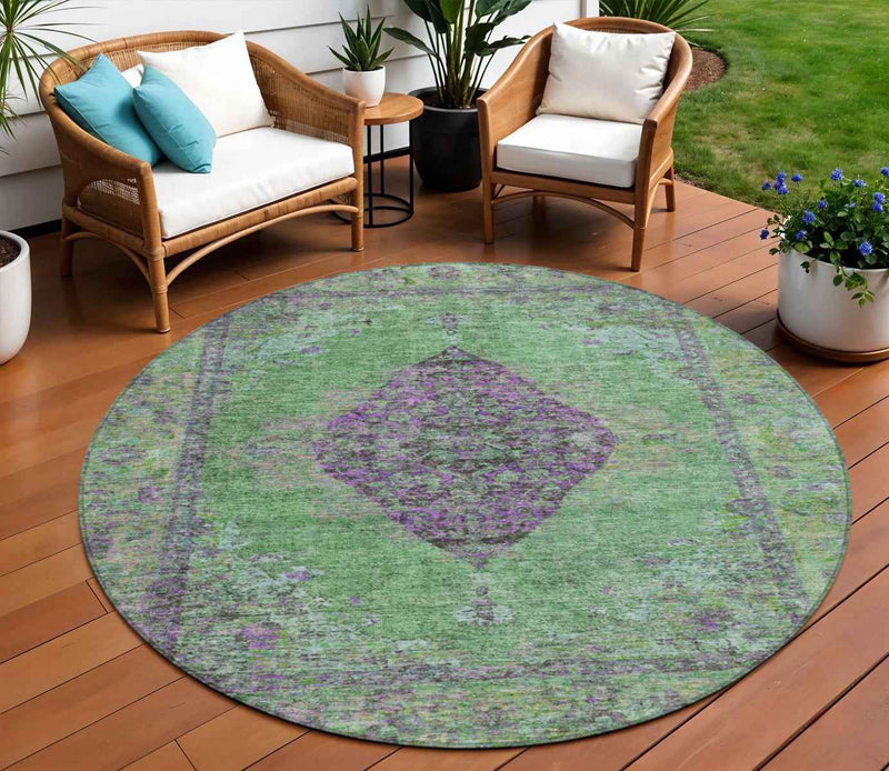 8' Lime Green And Purple Round Medallion Washable Indoor Outdoor Area Rug