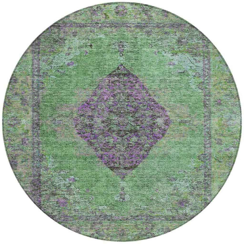 8' Lime Green And Purple Round Medallion Washable Indoor Outdoor Area Rug