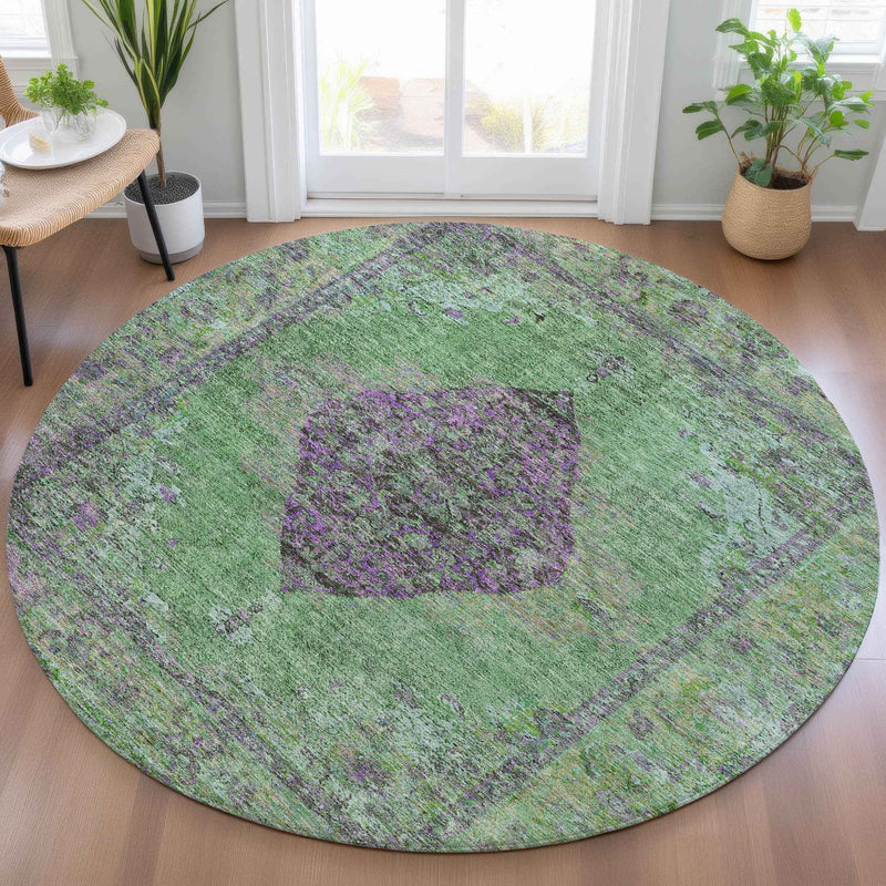 8' Lime Green And Purple Round Medallion Washable Indoor Outdoor Area Rug