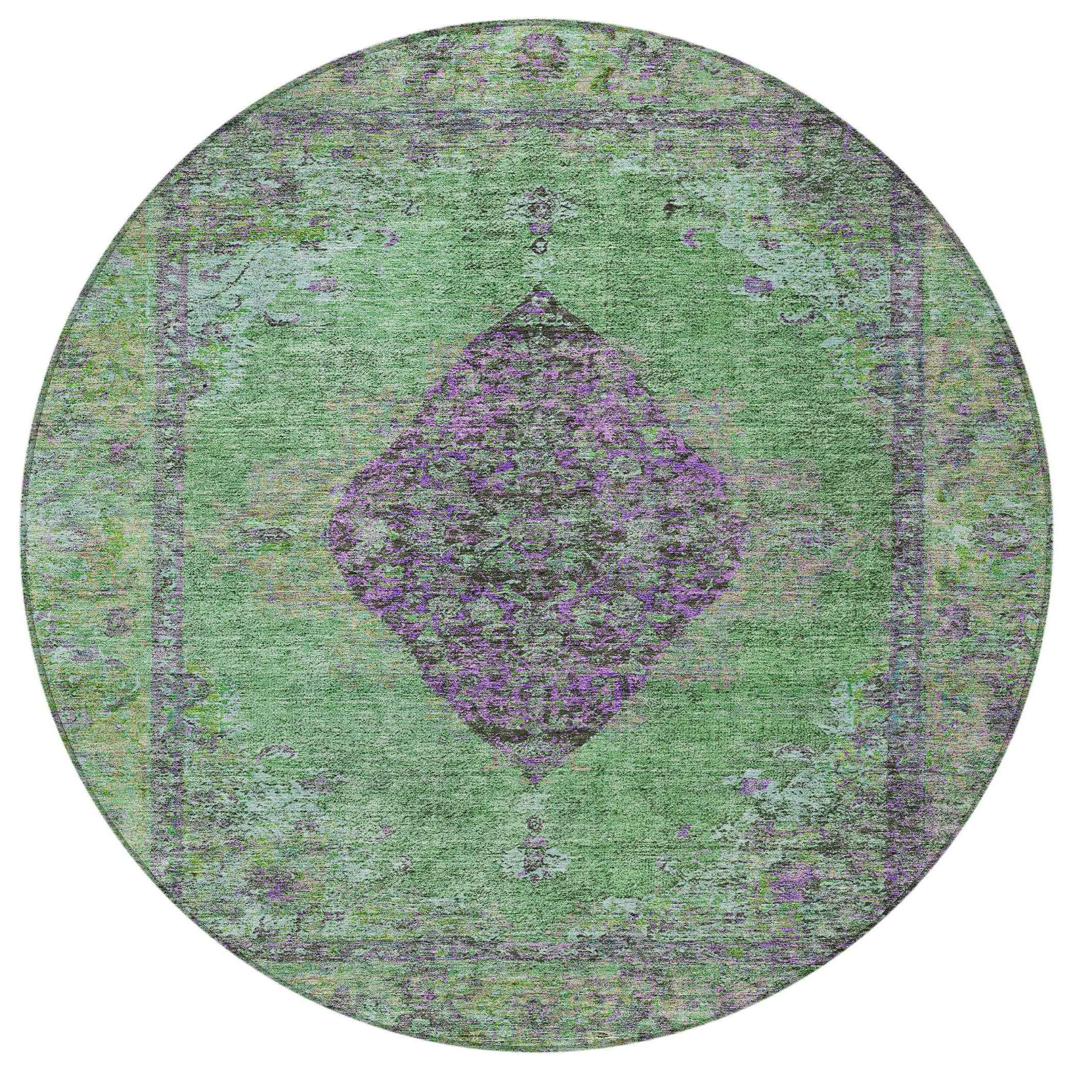 8' Lime Green And Purple Round Medallion Washable Indoor Outdoor Area Rug