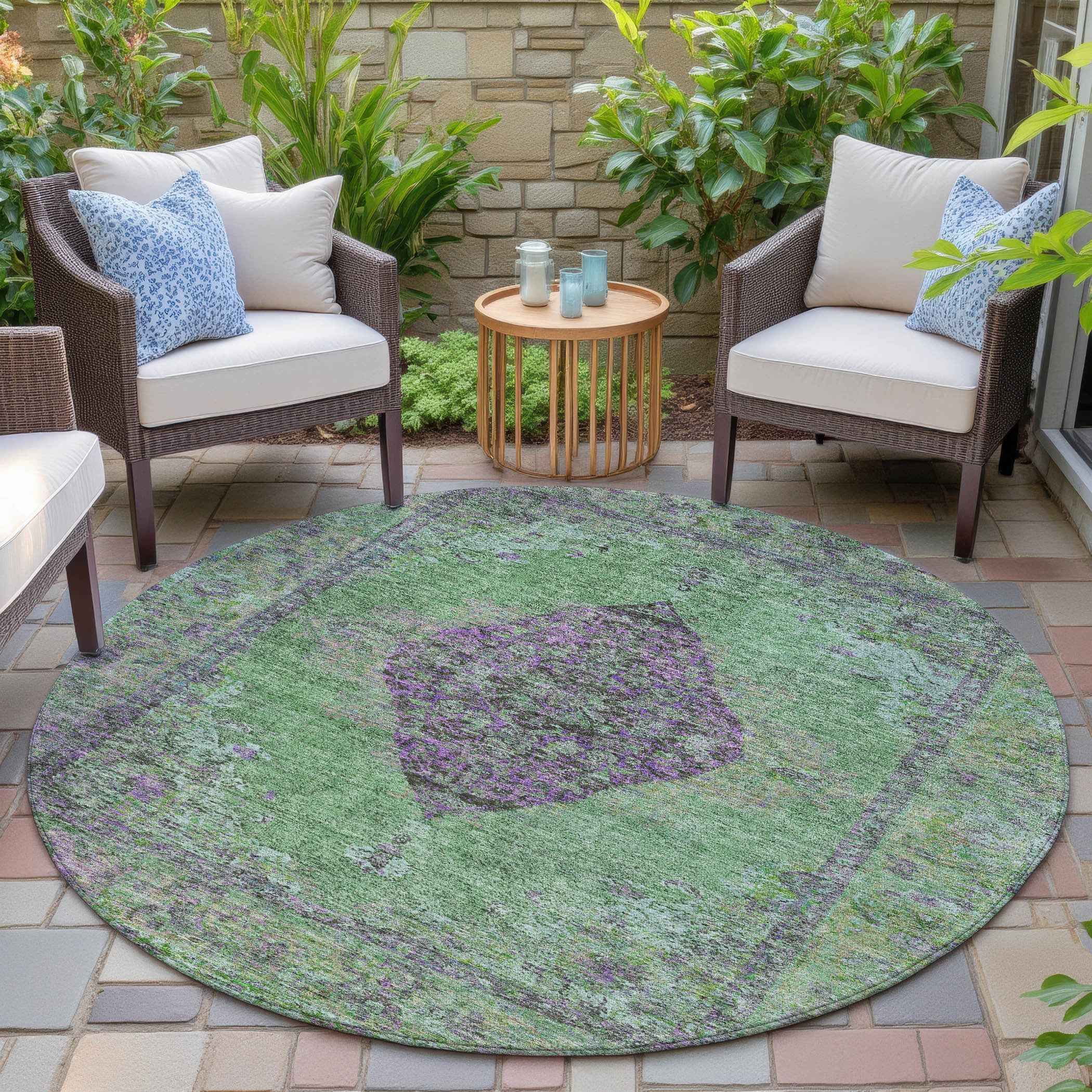 8' Lime Green And Purple Round Medallion Washable Indoor Outdoor Area Rug