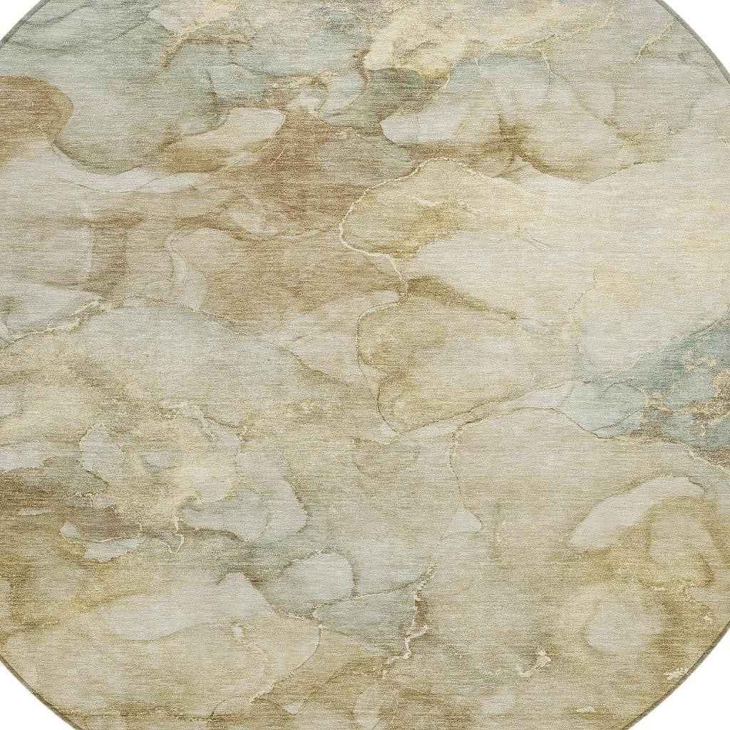 8' Beige And Ivory Round Abstract Washable Indoor Outdoor Area Rug