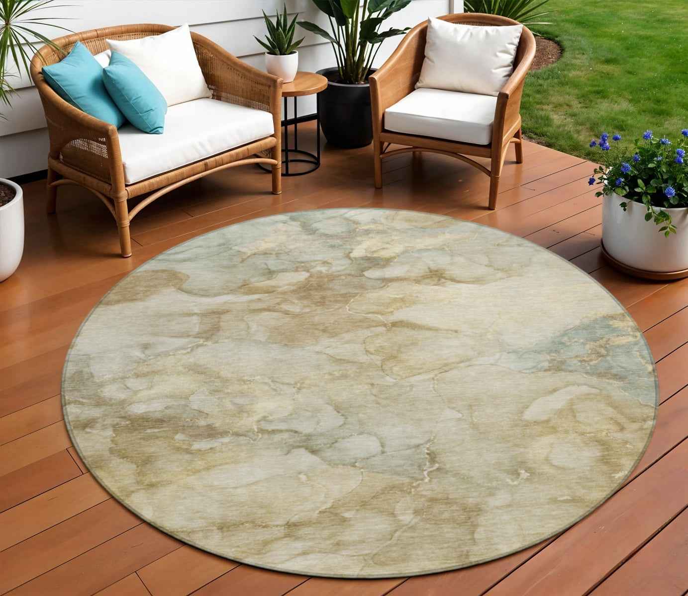 8' Beige And Ivory Round Abstract Washable Indoor Outdoor Area Rug