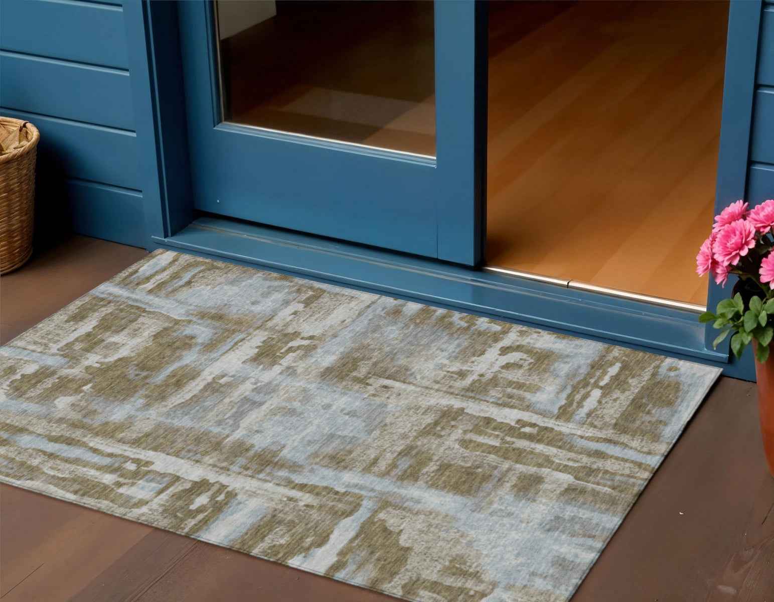 3' X 5' Brown And Sky Blue Abstract Washable Indoor Outdoor Area Rug
