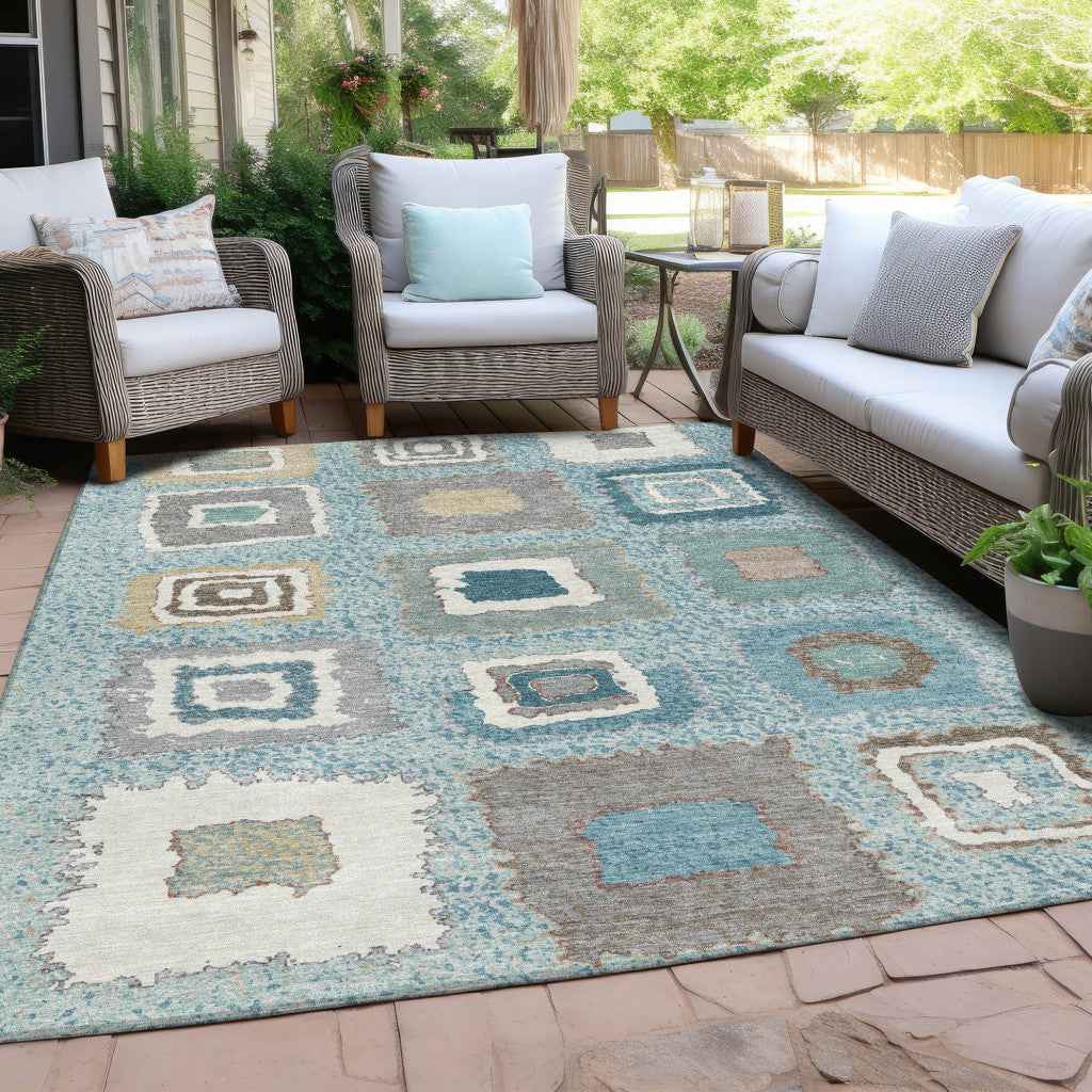 9' X 12' Teal Blue Beige And Ivory Geometric Washable Indoor Outdoor Area Rug