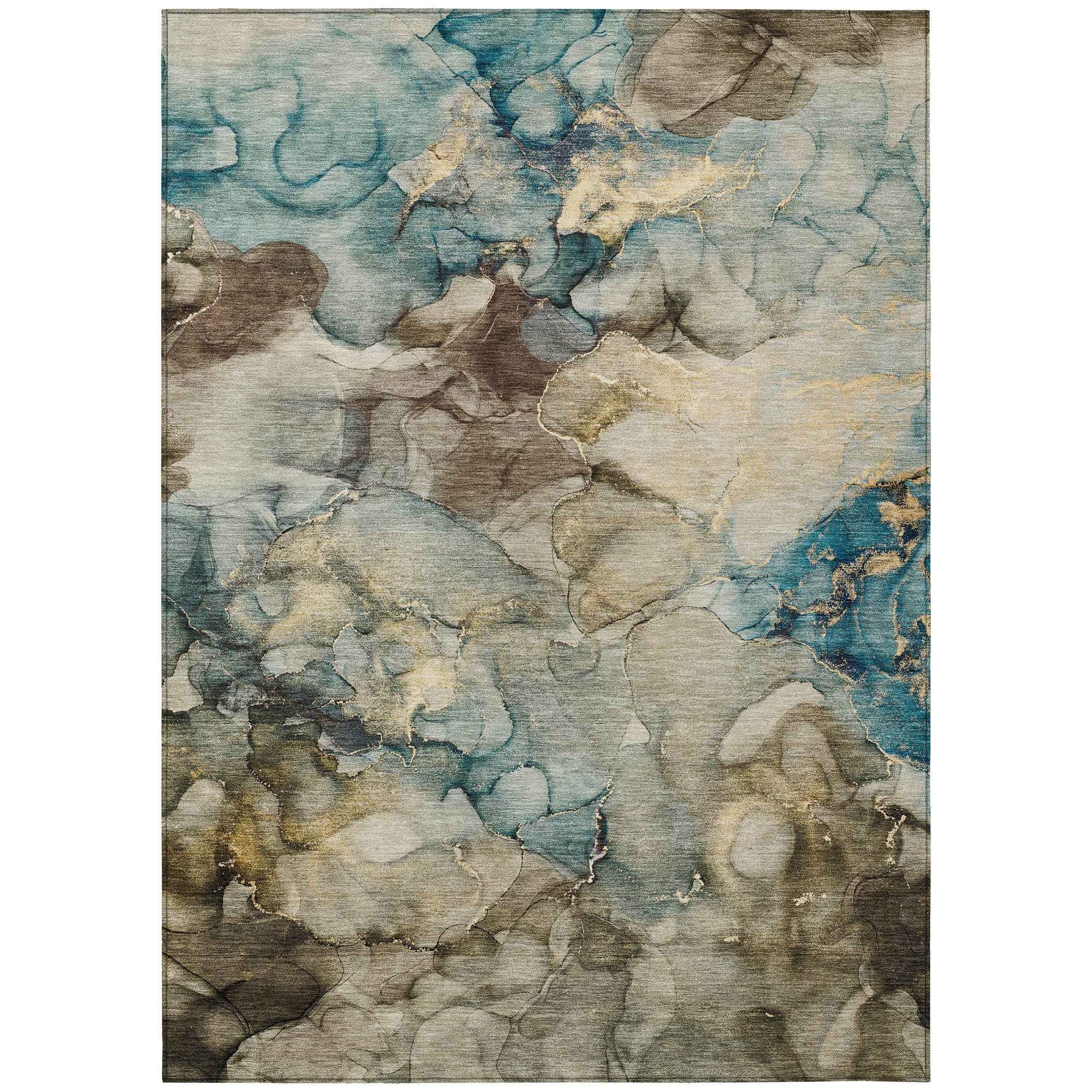 3' X 5' Brown And Teal Blue Abstract Washable Indoor Outdoor Area Rug