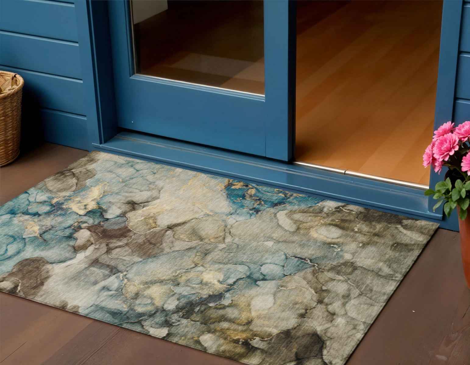 3' X 5' Brown And Teal Blue Abstract Washable Indoor Outdoor Area Rug