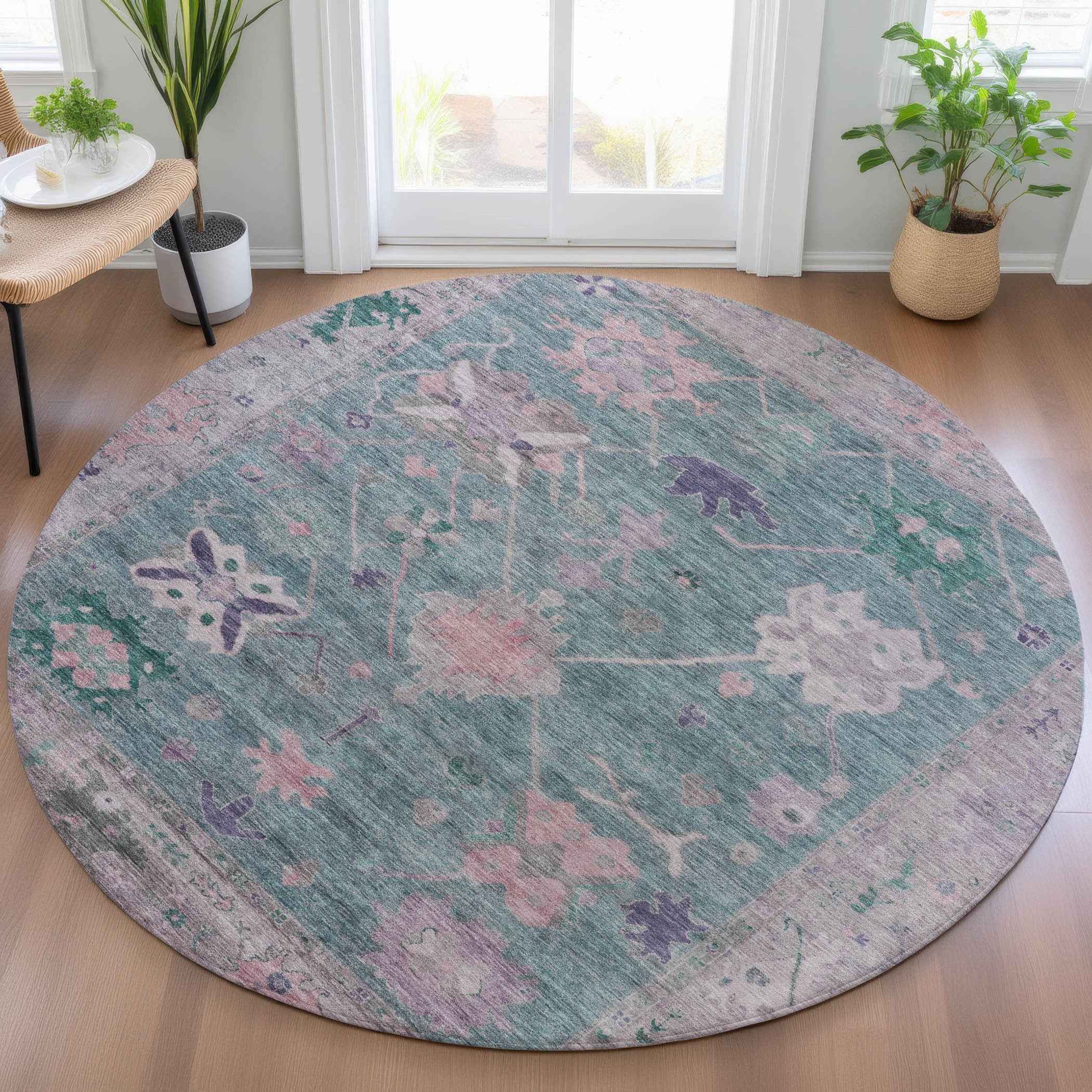 8' Green And Purple Round Tribal Washable Indoor Outdoor Area Rug