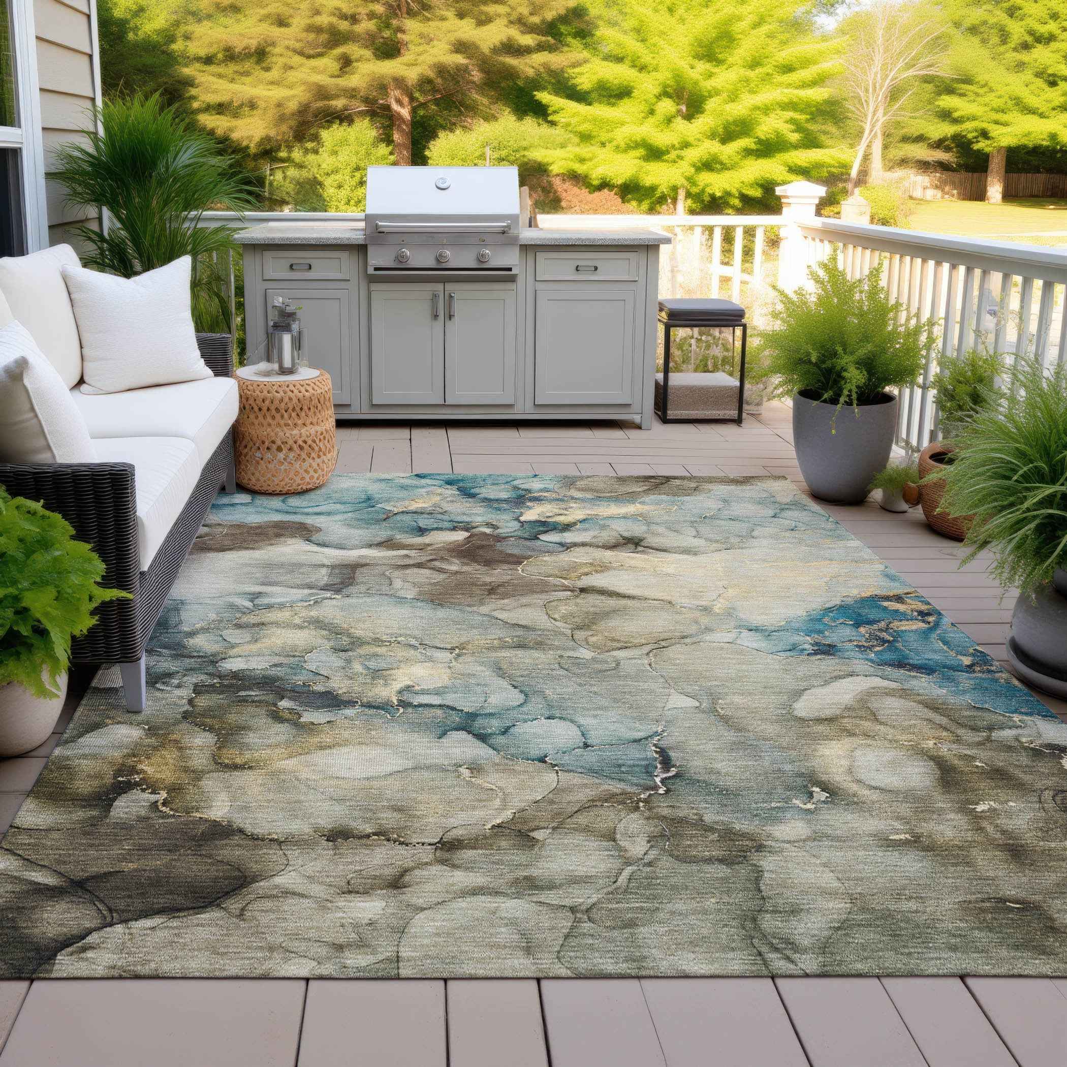 3' X 5' Brown And Teal Blue Abstract Washable Indoor Outdoor Area Rug