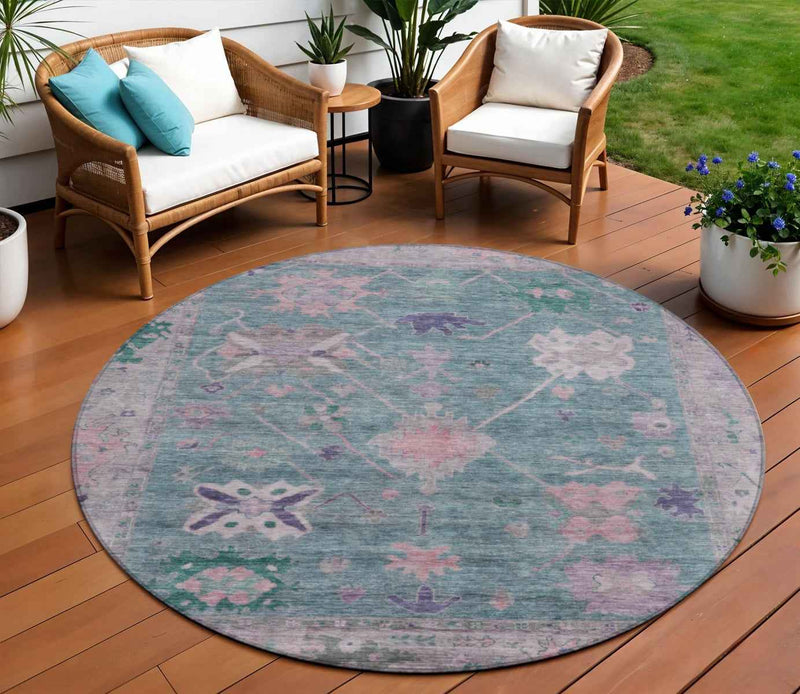 8' Green And Purple Round Tribal Washable Indoor Outdoor Area Rug