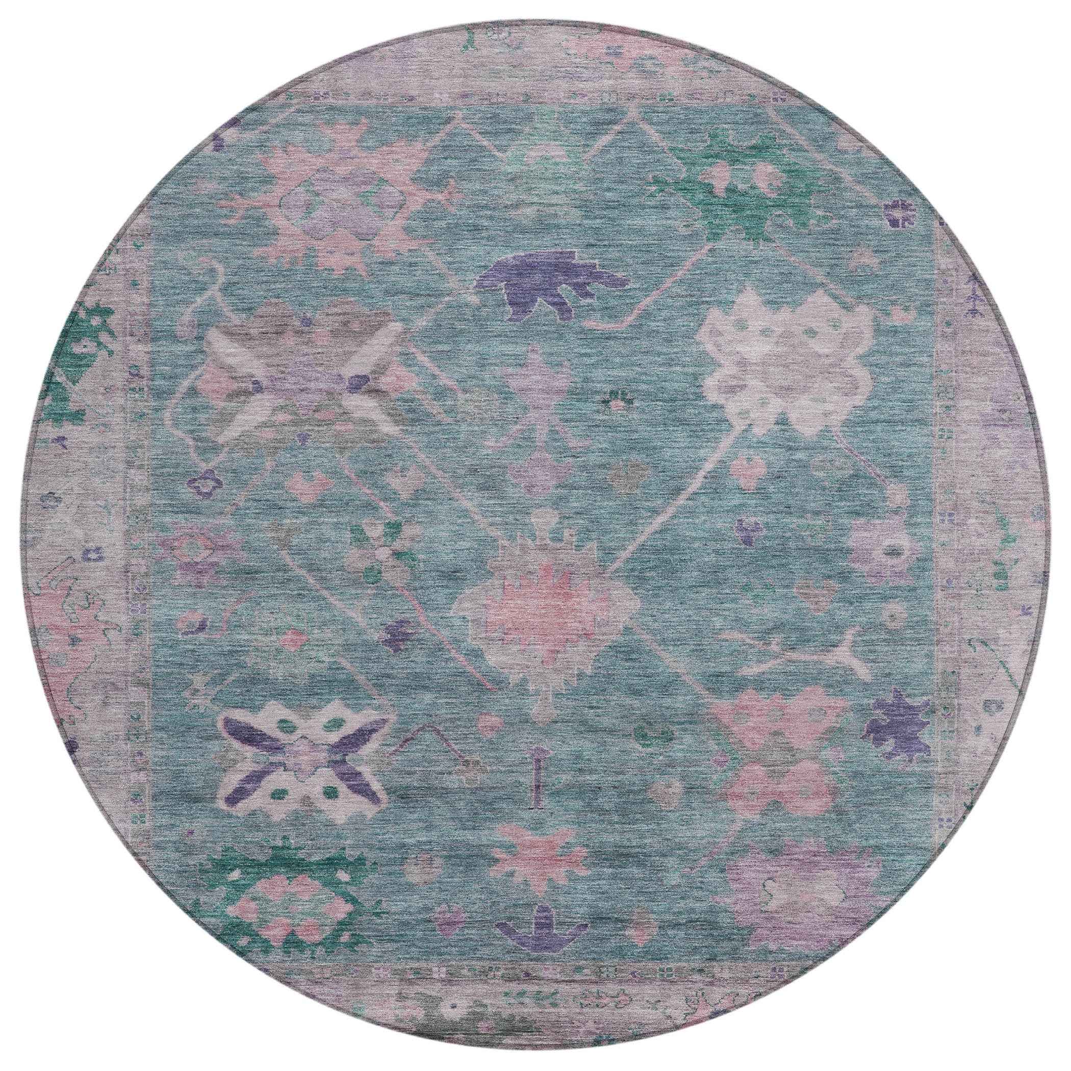 8' Green And Purple Round Tribal Washable Indoor Outdoor Area Rug