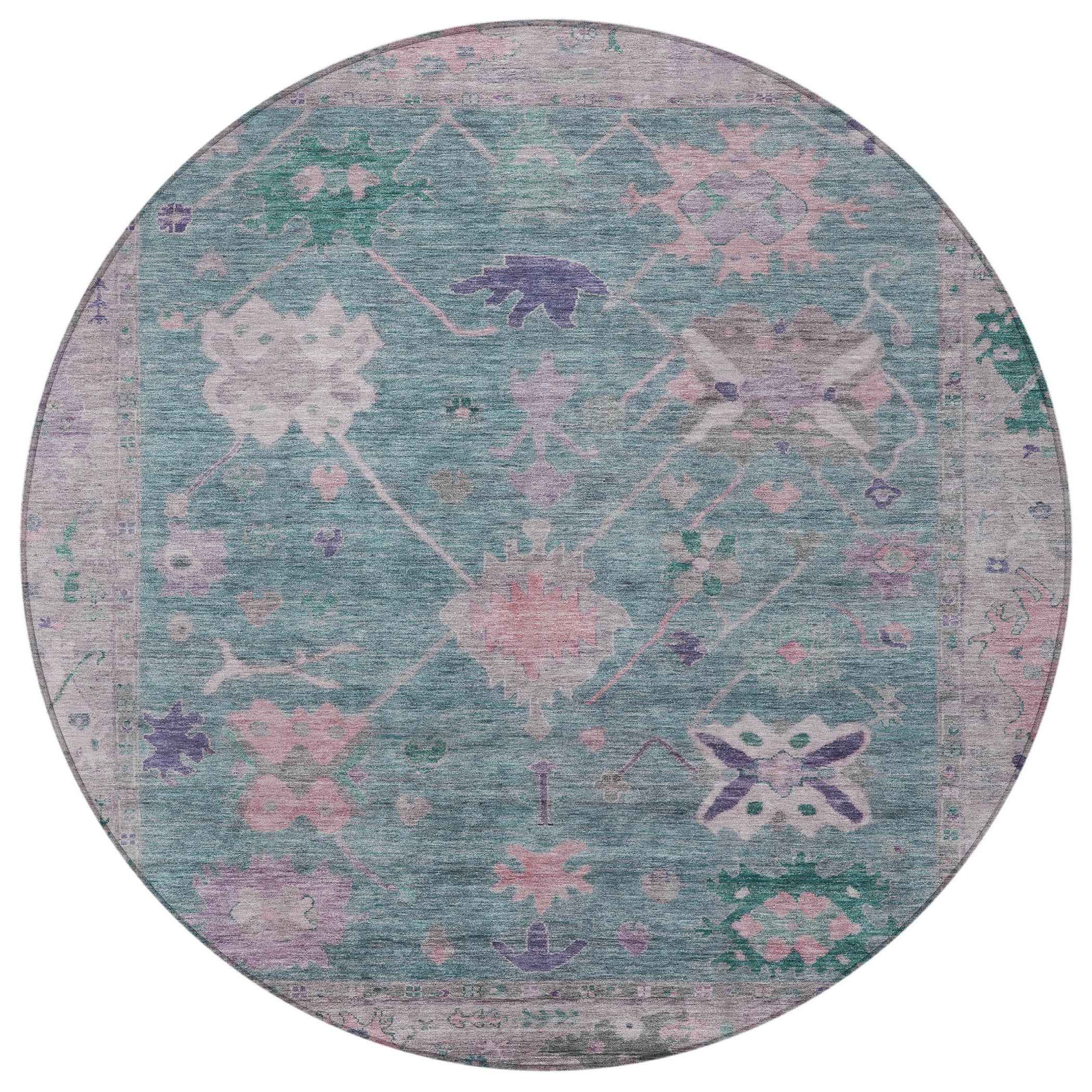 8' Green And Purple Round Tribal Washable Indoor Outdoor Area Rug