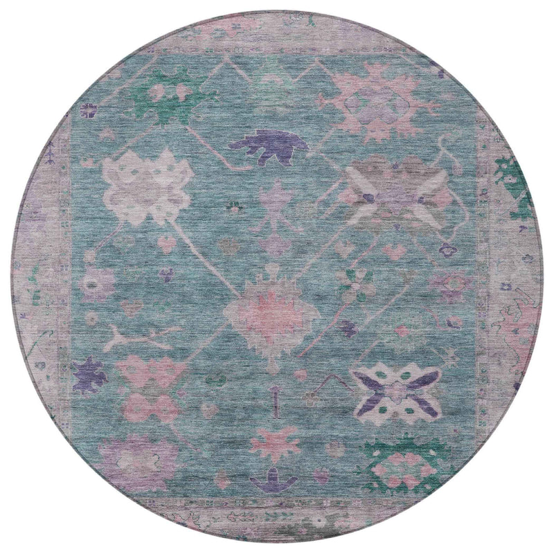 8' Green And Purple Round Tribal Washable Indoor Outdoor Area Rug