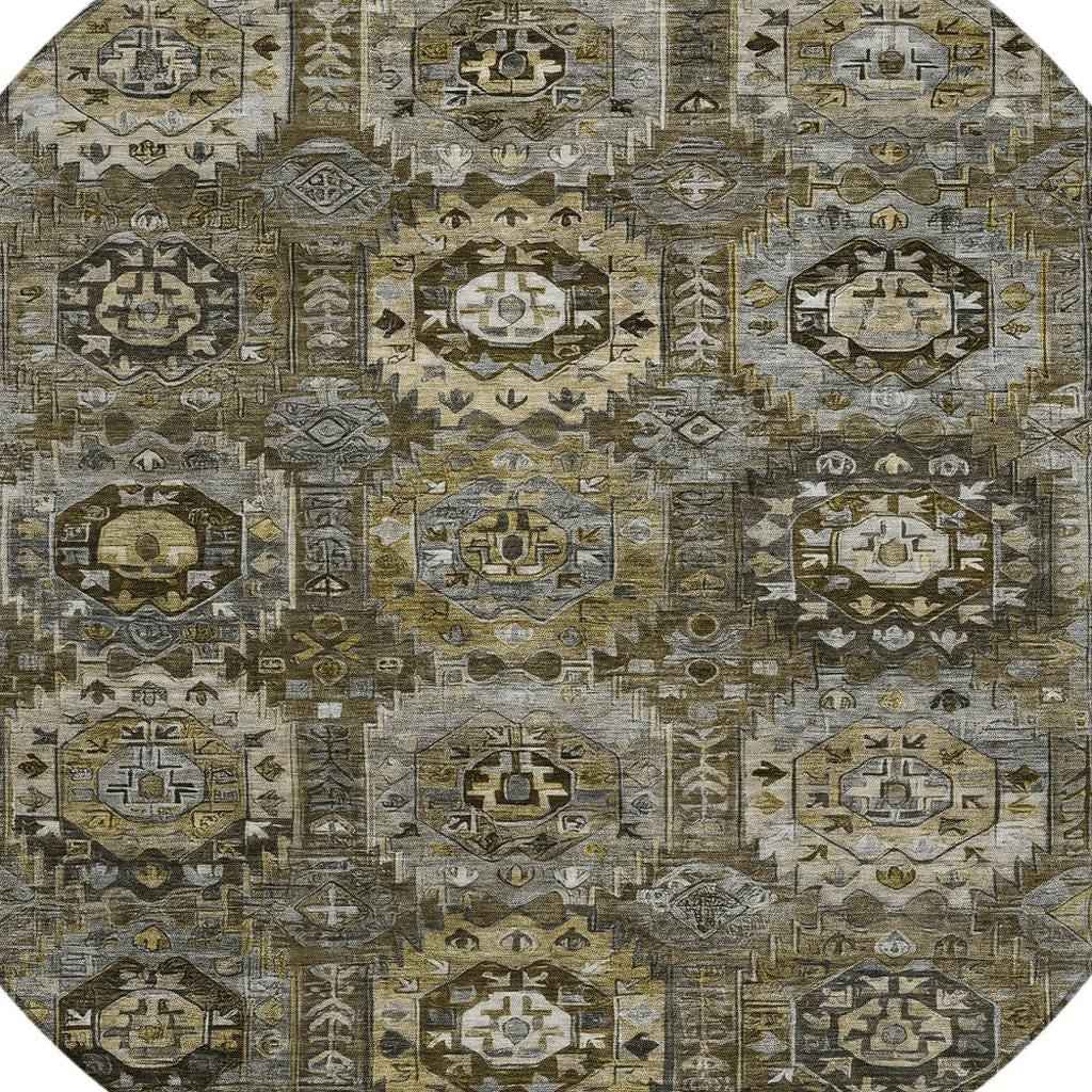 8' Brown Charcoal And Beige Round Medallion Washable Indoor Outdoor Area Rug