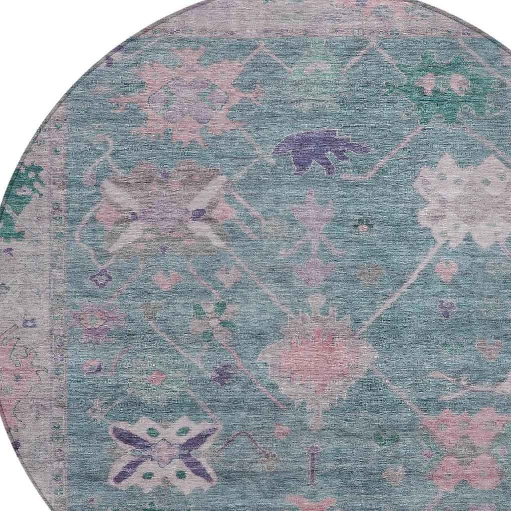 8' Green And Purple Round Tribal Washable Indoor Outdoor Area Rug