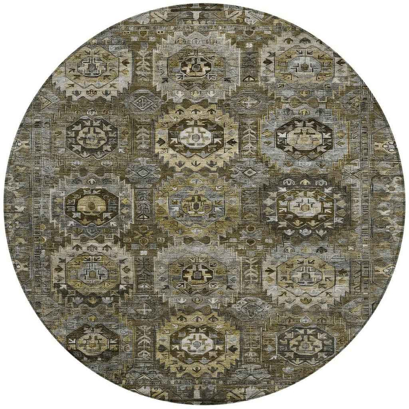8' Brown Charcoal And Beige Round Medallion Washable Indoor Outdoor Area Rug