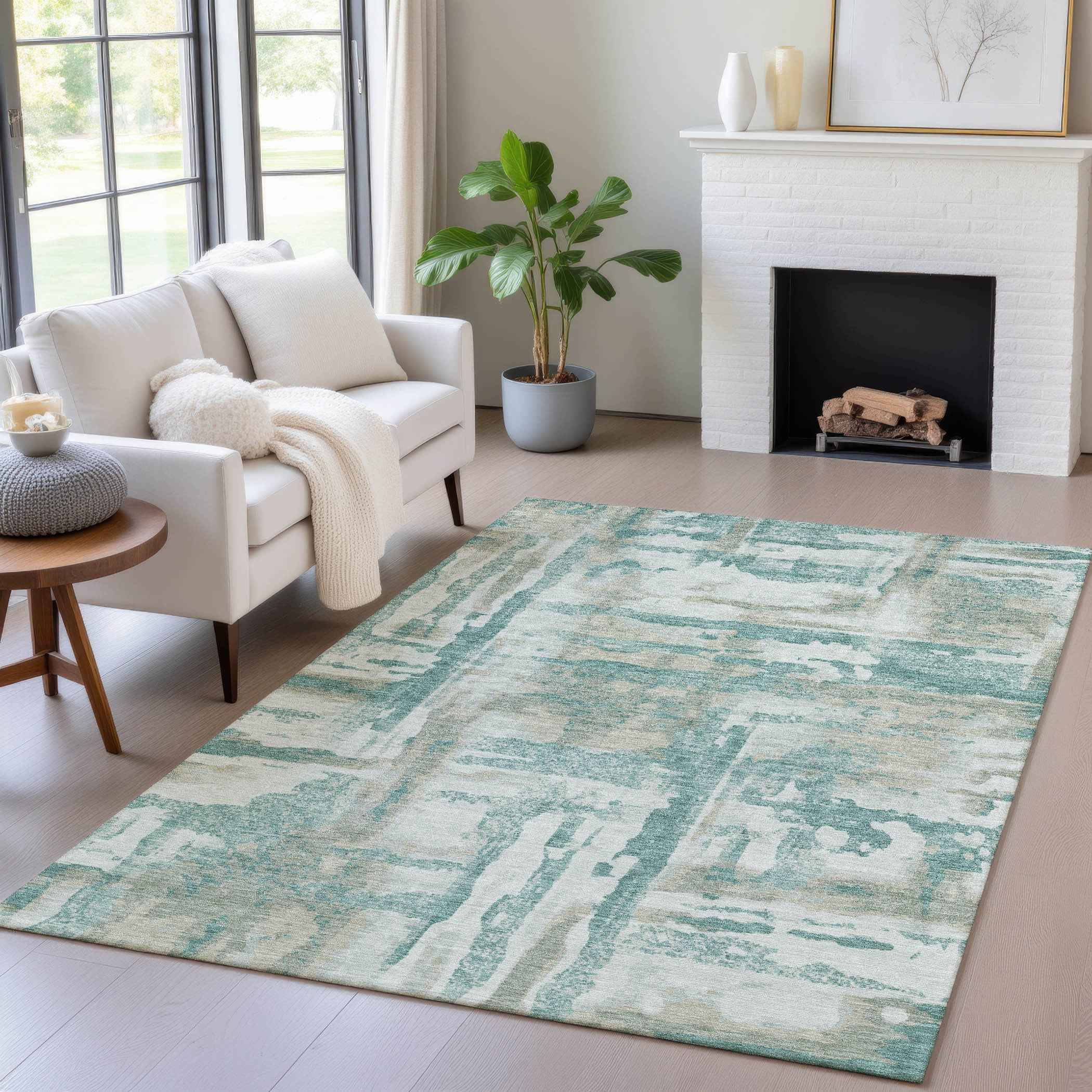 8' X 10' Teal Blue And Ivory Abstract Washable Indoor Outdoor Area Rug