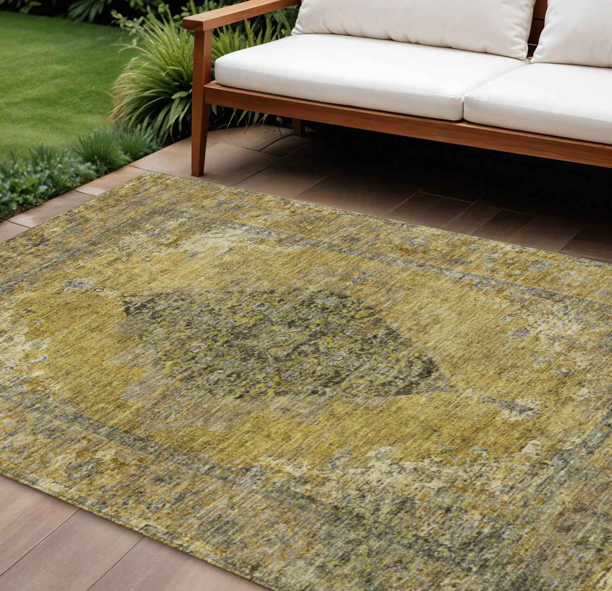 9' X 12' Wheat And Gray Medallion Washable Indoor Outdoor Area Rug
