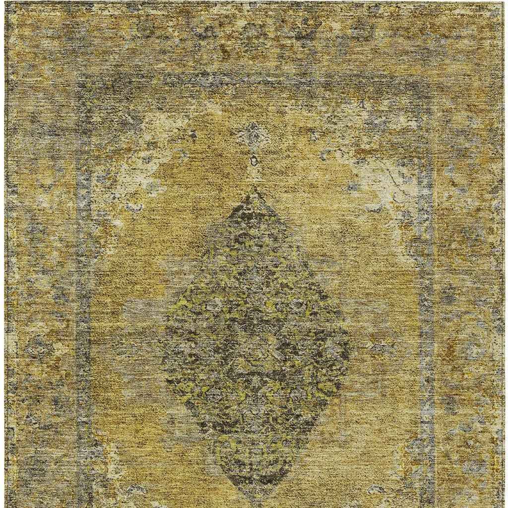 9' X 12' Wheat And Gray Medallion Washable Indoor Outdoor Area Rug