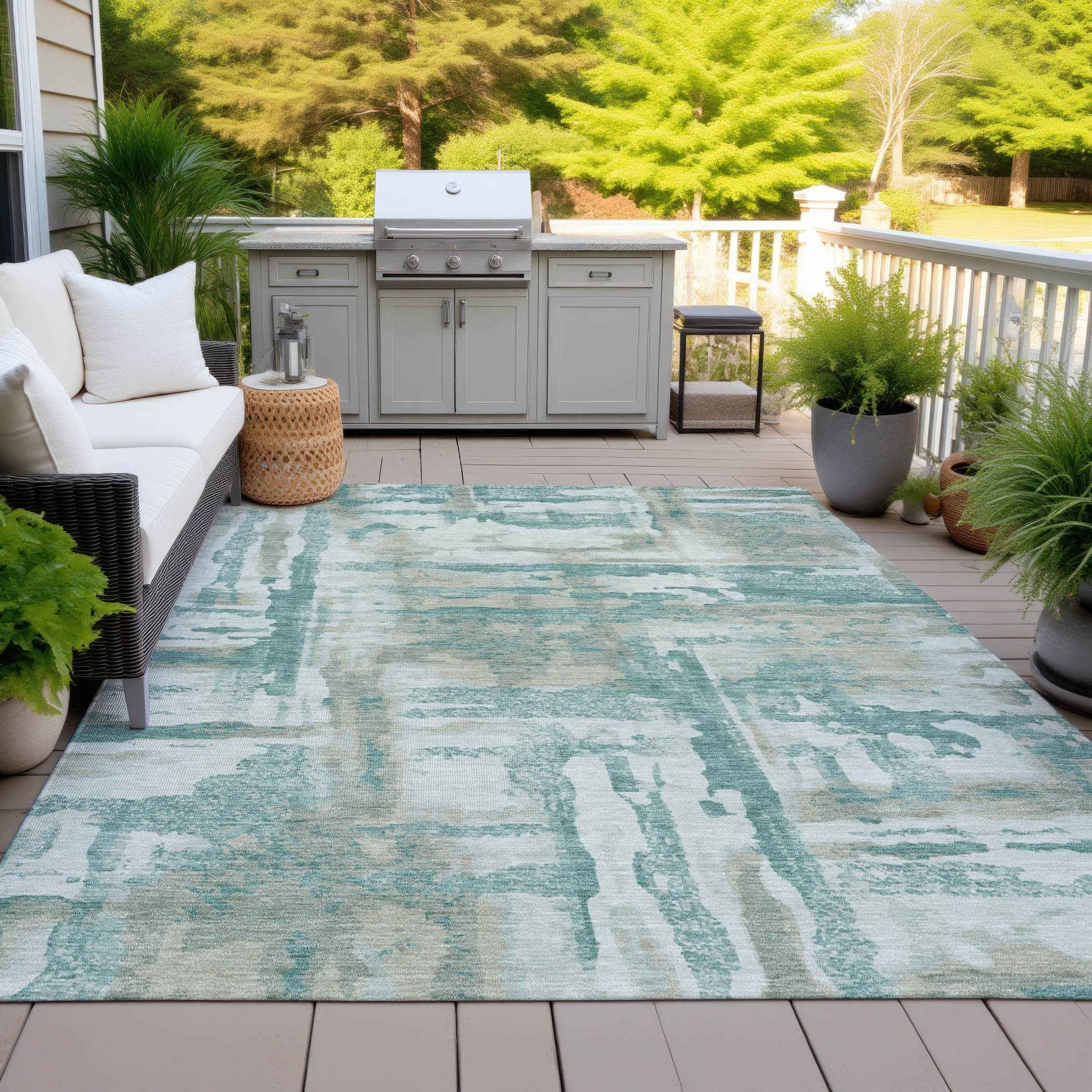 5' X 8' Teal Blue And Ivory Abstract Washable Indoor Outdoor Area Rug