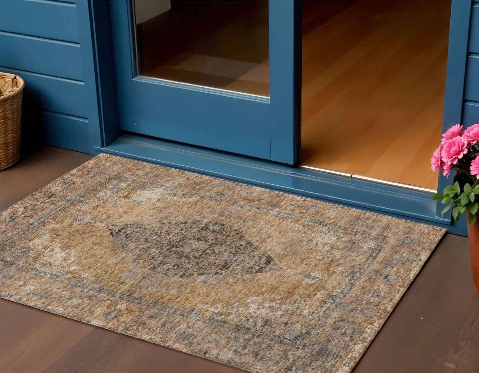 3' X 5' Copper And Taupe Medallion Washable Indoor Outdoor Area Rug