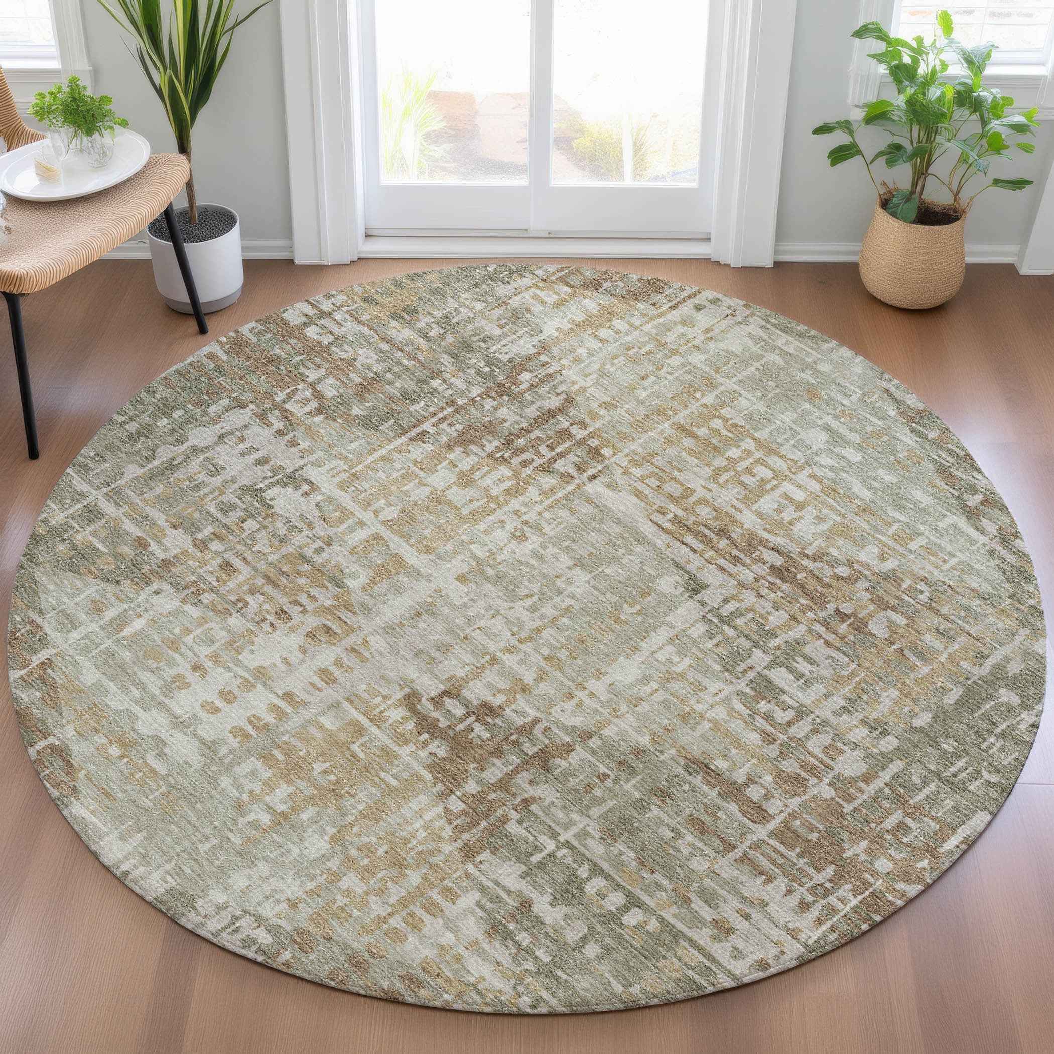 8' Artichoke Green And Brown Round Geometric Washable Indoor Outdoor Area Rug