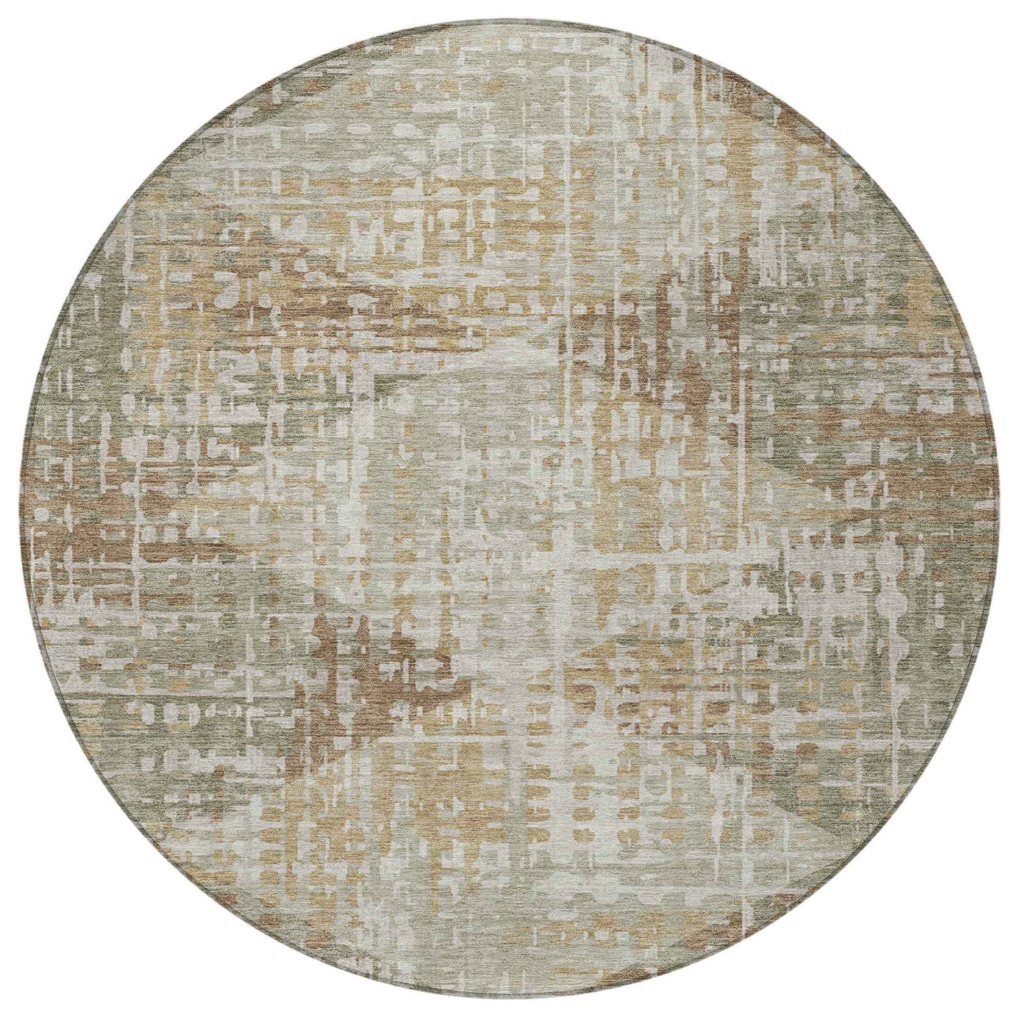 8' Artichoke Green And Brown Round Geometric Washable Indoor Outdoor Area Rug