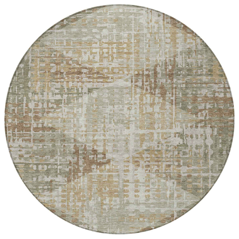8' Artichoke Green And Brown Round Geometric Washable Indoor Outdoor Area Rug