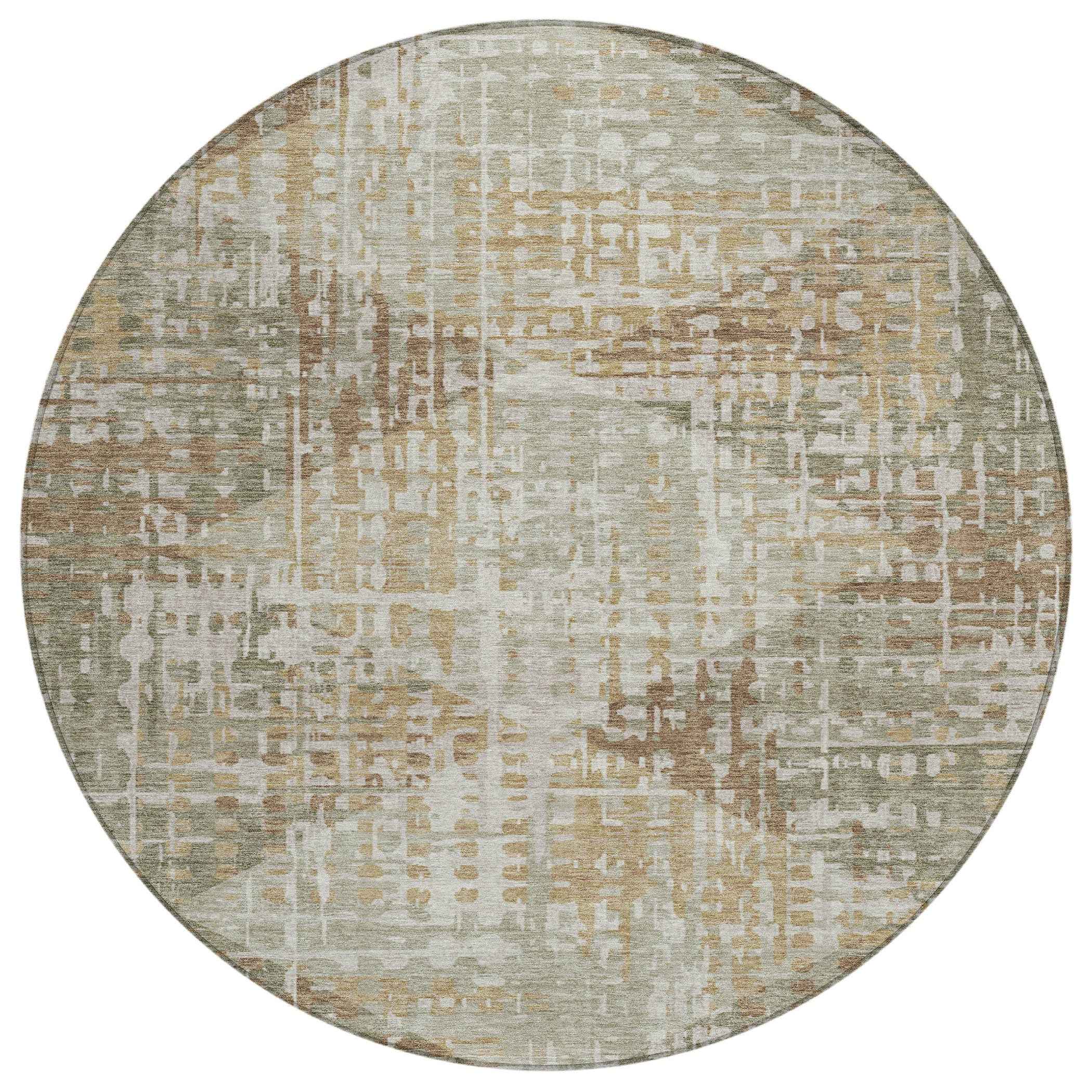 8' Artichoke Green And Brown Round Geometric Washable Indoor Outdoor Area Rug